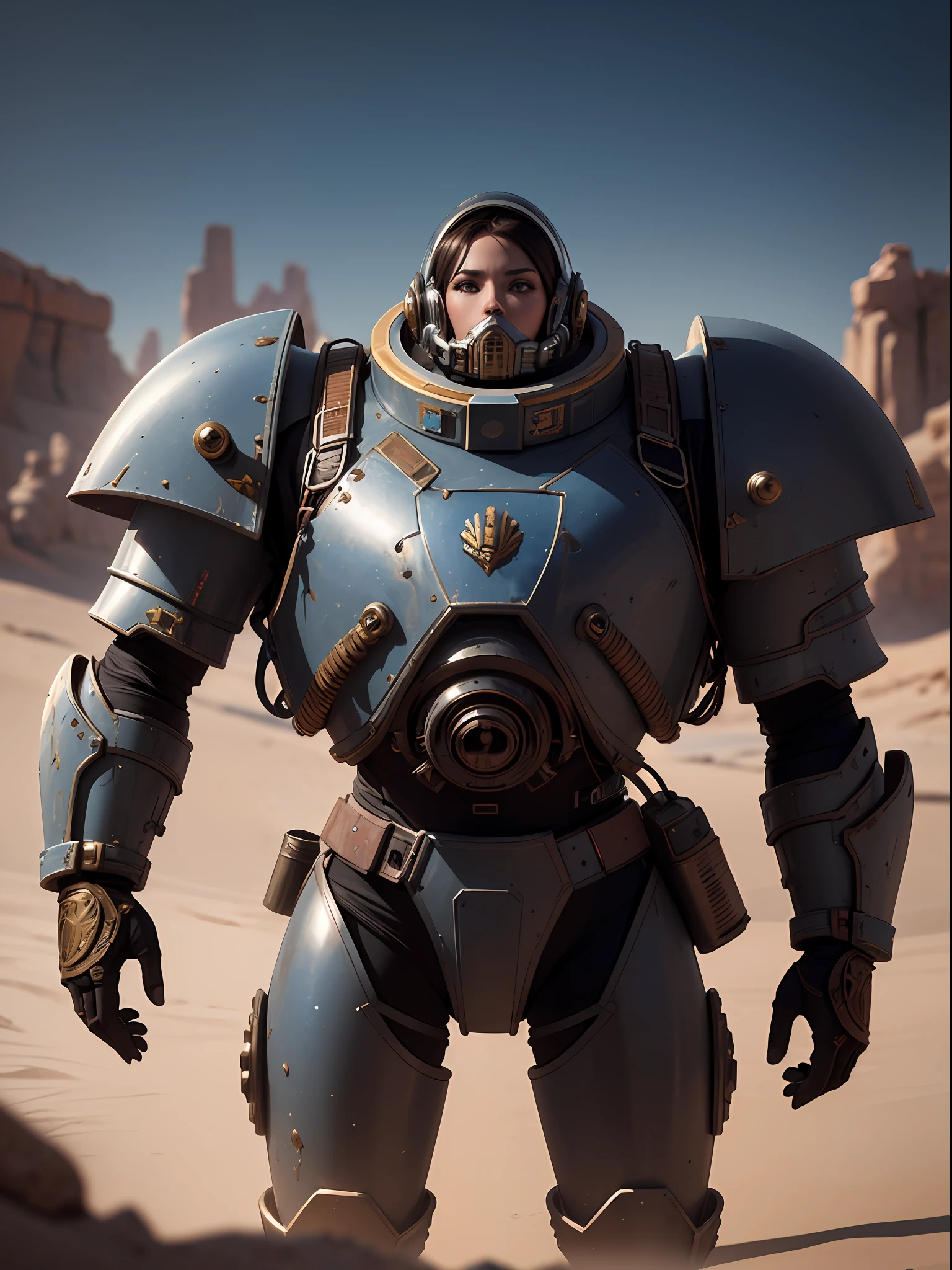 digital portrait of a Space Marine woman, pronounced feminine feature, red and blue alloy metal heavy space armour, in the desert, detailed, cinematic composition, power space armour, intricate details, eerie, highly detailed, 8k, art by artgerm and greg rutkowski and alphonse mucha, poor quality photo, blurry, reflective metal, 4k, 8k