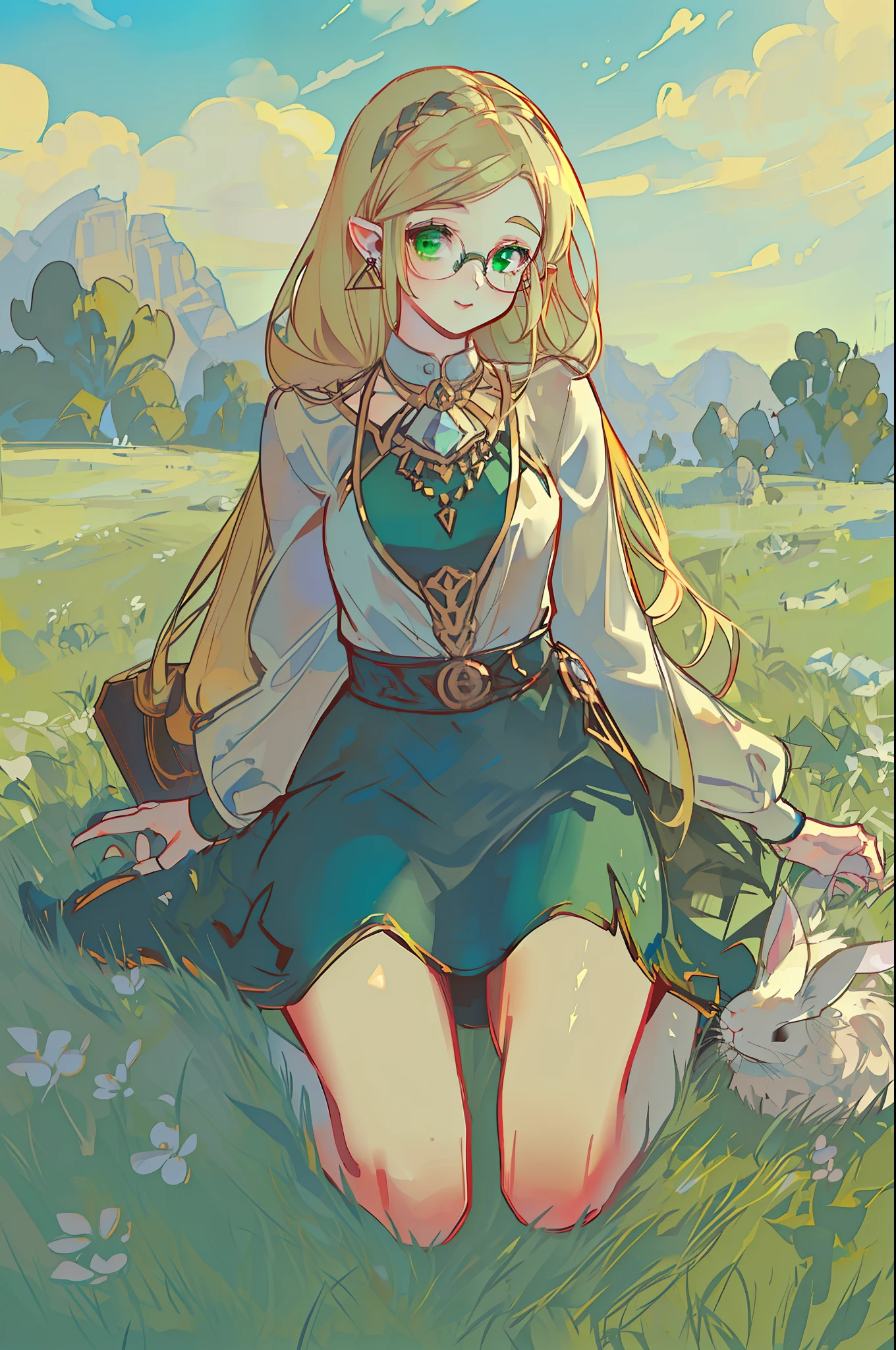 Green-haired girl，Green jewel-like eyes，glistning skin，Gem earring，Gold-tone glasseagia，book，Blue sky，grassy fields，Illustration style，Sit on grass，Rabbits surround the girl。