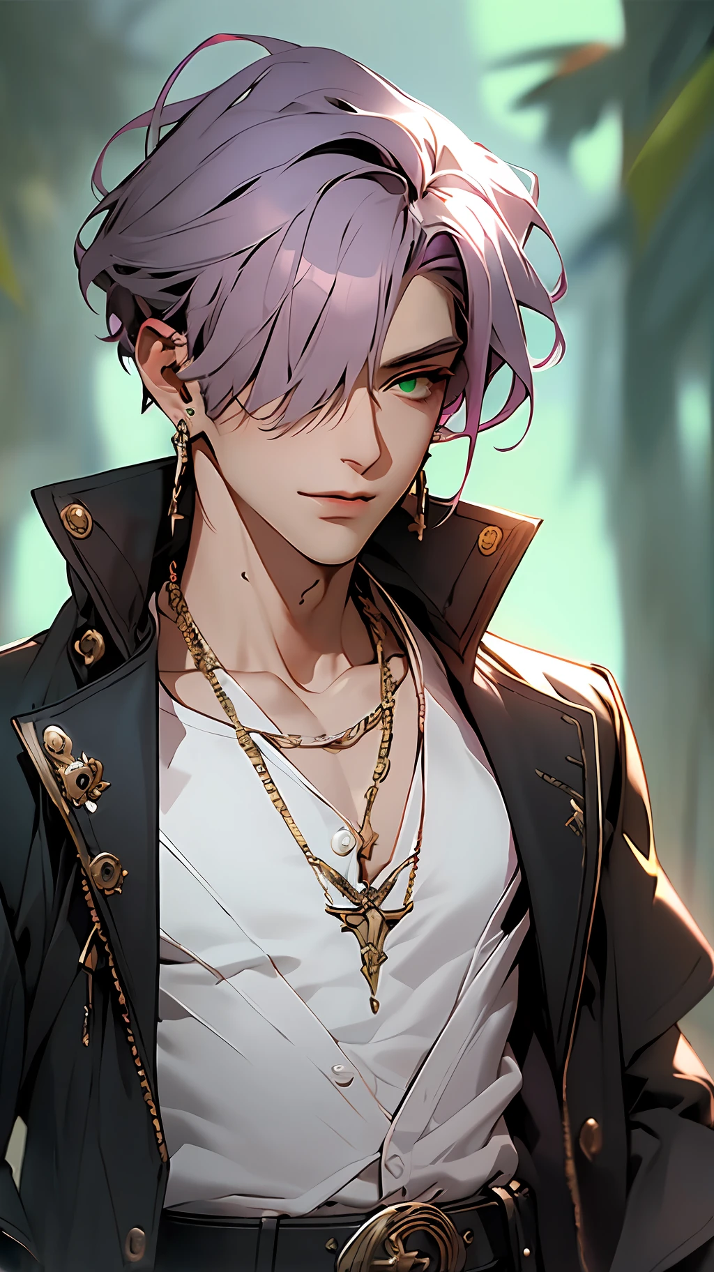 best quality, masterpiece, highres, 1boy,male,solo,upper body, sampo,purple hair,green eyes,hair over one eye,jacket,shirt,earrings,belt