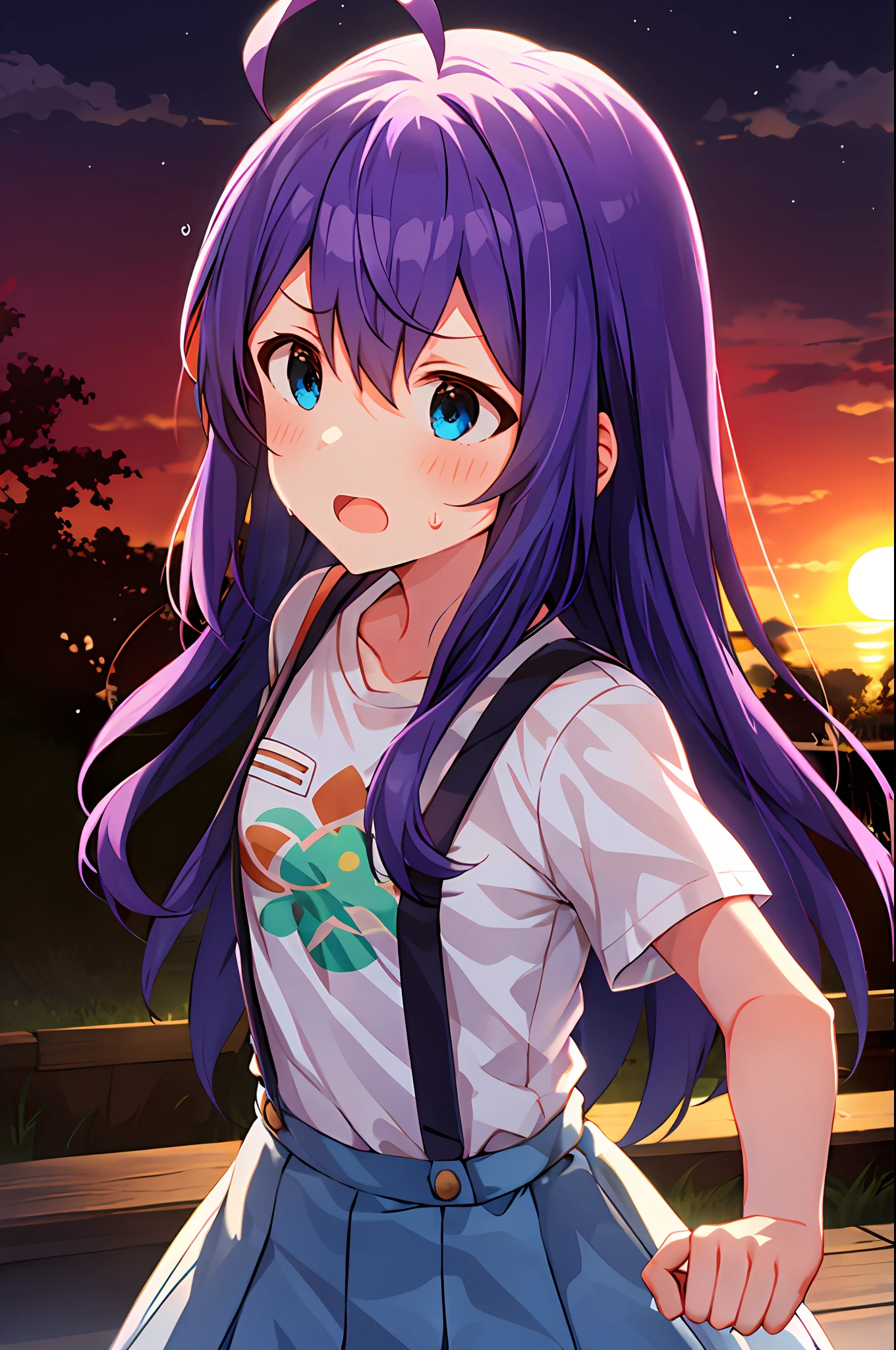 mochizuki anna,1girl in,Solo,Long hair,Purple hair,Medium chest.Ahoge,Blue eyes.Short stature.white t-shirts.suspenders.Skirt.Evening glow.the setting sun.Despair face.Sweat.Opening Mouth.up chest.fighting stance.