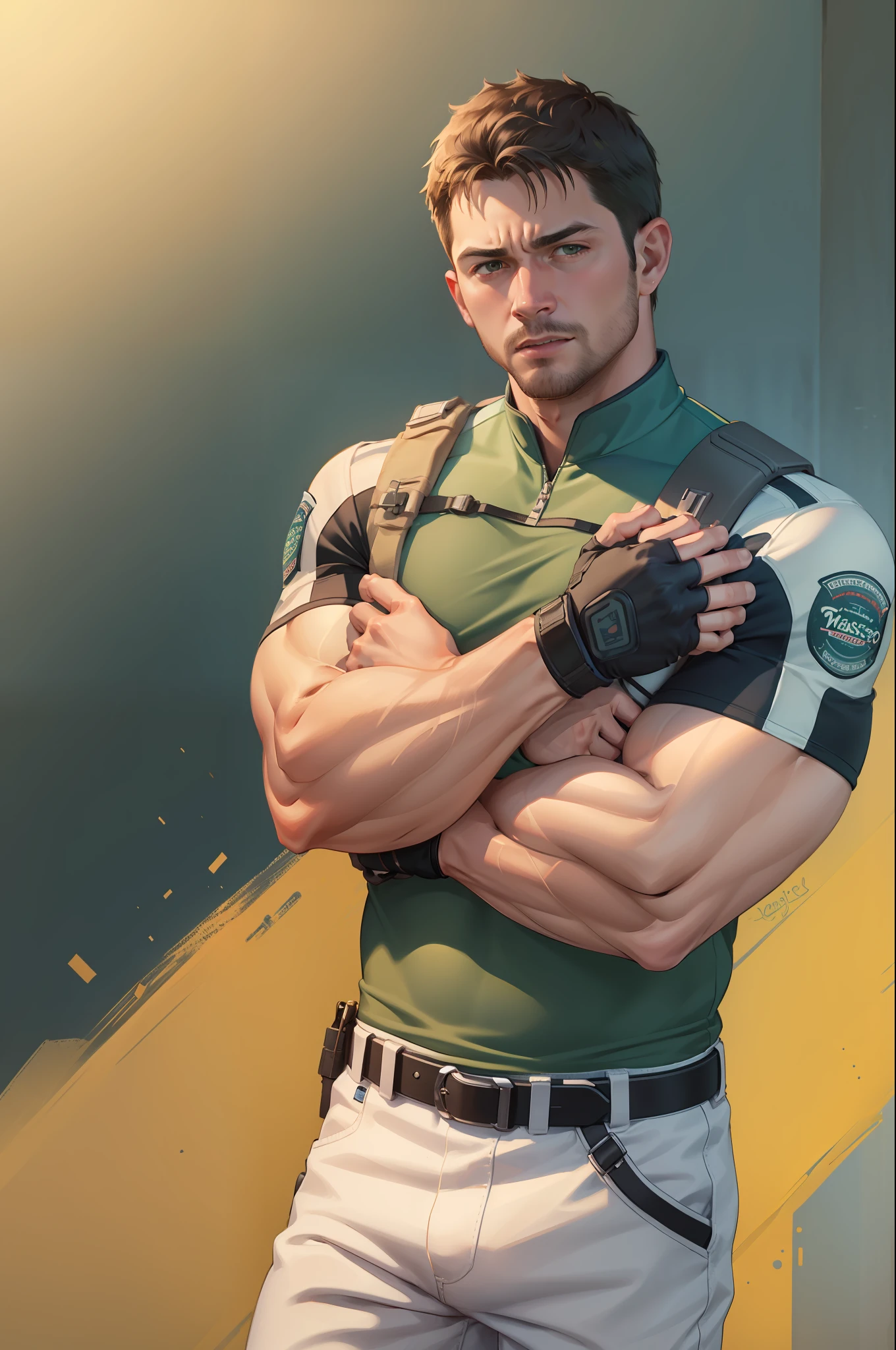(masterpiece, best quality:1.2), cowboy shot, solo, male focus, 1boy, chris redfield, muscular male, looking at viewer, crossed arms, green taut shirt, white pants, (fingerless gloves:1.1), belt