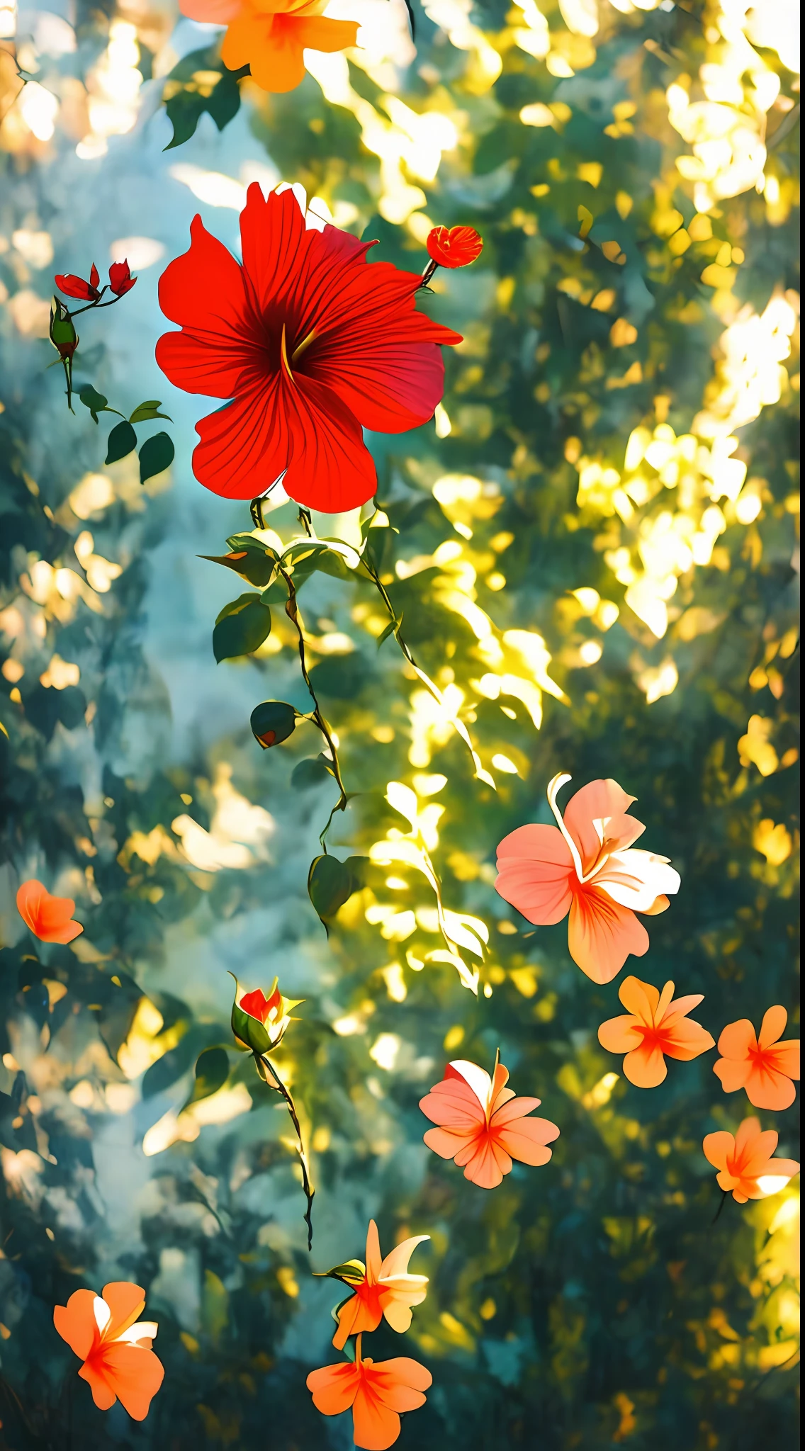 灰色の背景に節くれだった枝に咲くハイビスカスの花, シンプルな背景, ライトオレンジとライトベージュのスタイル, ミニマリスト画像, 写真インスタレーション, パレオコア, 緑と深紅, 超リアル, 詩的な親密さ