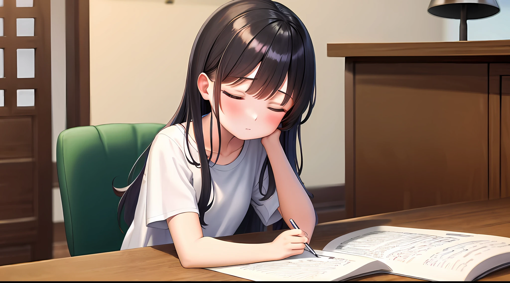 ​masterpiece, top-quality, hight resolution, a 1 girl, Loose white t-shirt、 Girl sitting on chair studying drafting at desk,、Beautie、cute little、Idol、dozing、Sleeping face down