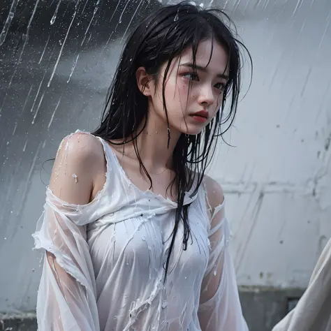 Best picture quality, masterpiece, ultra high resolution, (fidelity :1.4), photo, 1 girl,[(sadness)],white shirt, Dim, dark, desperate, pitying, pitiful, cinematic,tear,teardrop,(Torn clothes:1.5), (Wet clothes:1.4), bare shoulders,Real rain,wet hair,.. --...