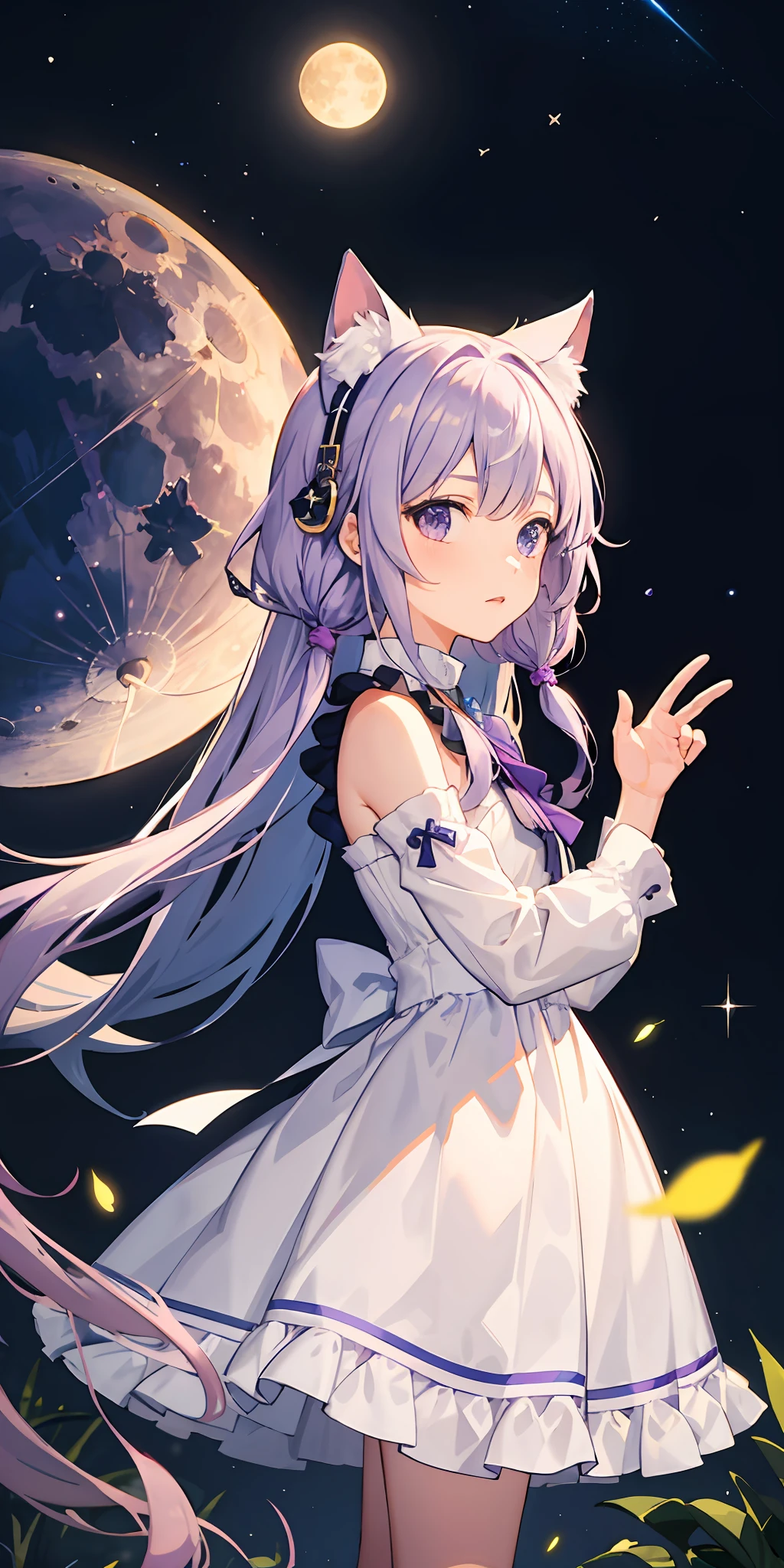 Anime girl with long hair and cat ears standing in front of a full moon ...