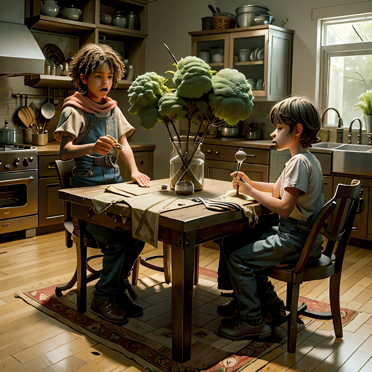 [Draw a messy kitchen, with dirty dishes and some utensils scattered. No centro da mesa, Place a plate with broccoli. The character Johnnie, a child of approximately 8 years, is seated at the table, wrinkling his nose with an expression of displeasure.] --auto