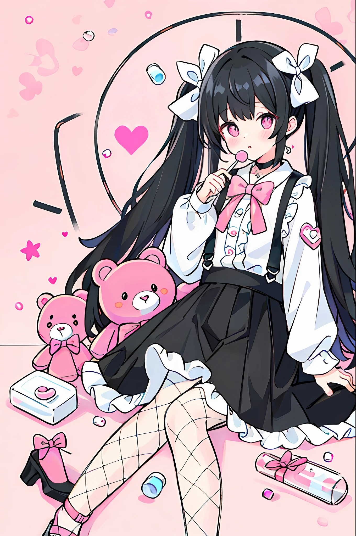 masterpiece, best quality, (jirai_kei),1girl, solo, long_hair, looking_at_viewer, shirt, black_hair, long_sleeves, bow, ribbon, twintails, sitting, monochrome, hair_bow, heart, pantyhose, frills, food, shoes, choker, blunt_bangs, black_skirt, pink_eyes, stuffed_toy, pink_background, stuffed_animal, frilled_skirt, pink_bow, (fishnets), candy, bandaid, pink_shirt, teddy_bear, lollipop, (fishnet_pantyhose), platform_footwear, pink_theme, pill, heart-shaped pupils,