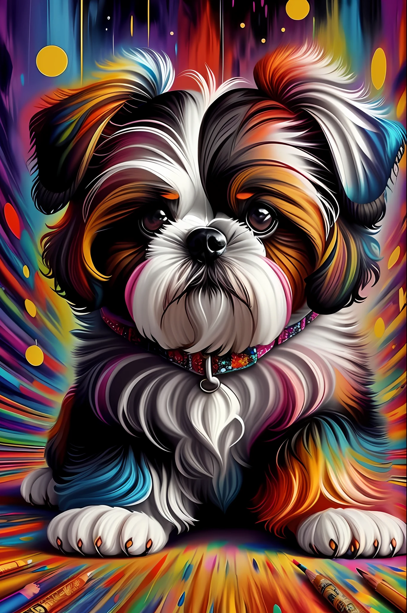 (Dog shih-tzu),  Eduardo Kobra quilting ,multidimensional geometric wall PORTRAIT, artistry, chibi,
yang016k, comely, Colouring,
Primary works, top-quality, best qualityer, offcial art, Beautiful and Aesthetic,