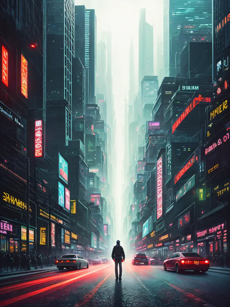 The painting depicts a surreal and futuristic landscape, A blend of awe-inspiring beauty and terror. The sky is deep, Pulsed red, The clouds seem to be alive，On the move. In the distance, Great city view view, towering skyscrapers, Neon lights, and a row o...