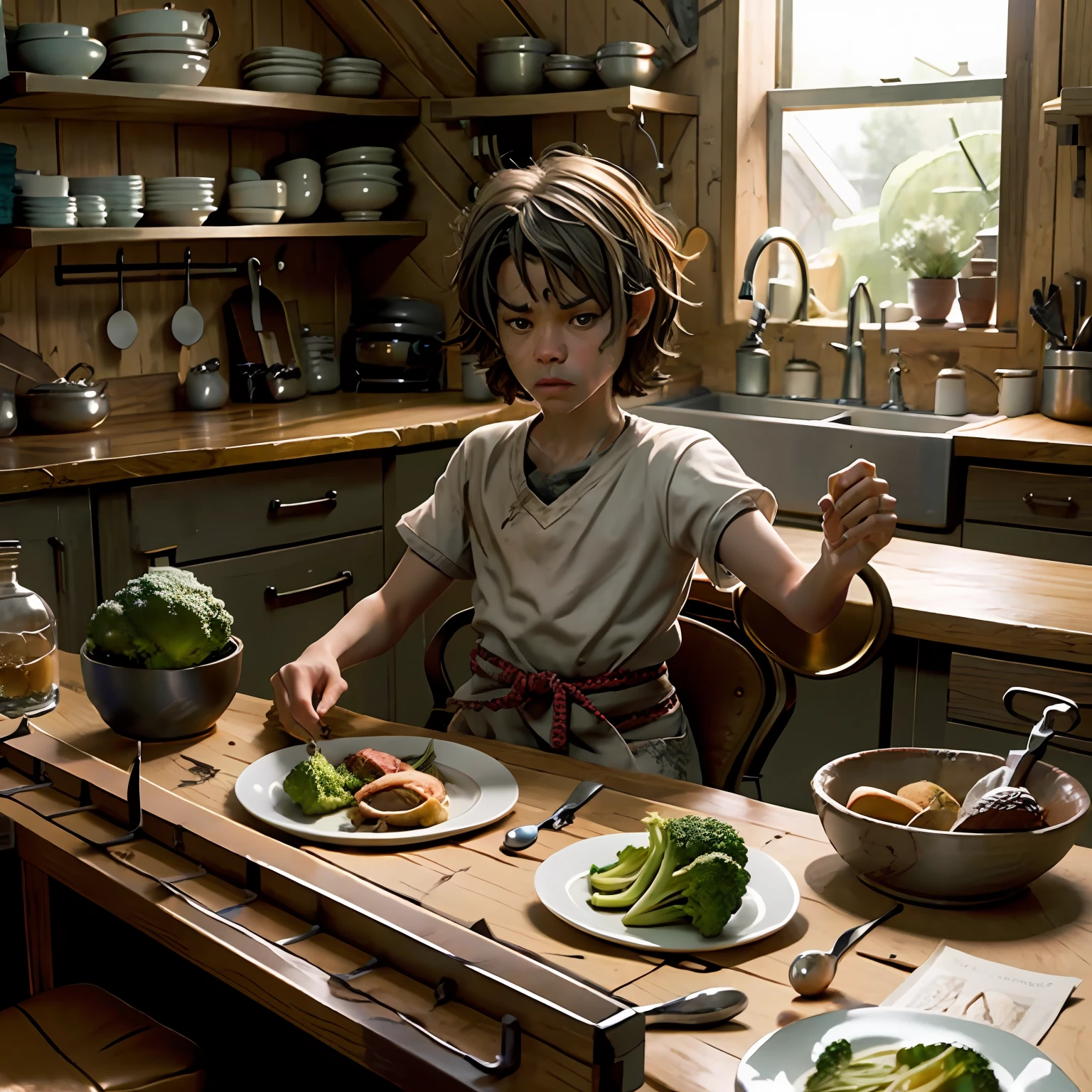 [Draw a messy kitchen, with dirty dishes and some utensils scattered. No centro da mesa, Place a plate with broccoli. The character Johnnie, a child of approximately 8 years, is seated at the table, wrinkling his nose with an expression of displeasure.] --auto