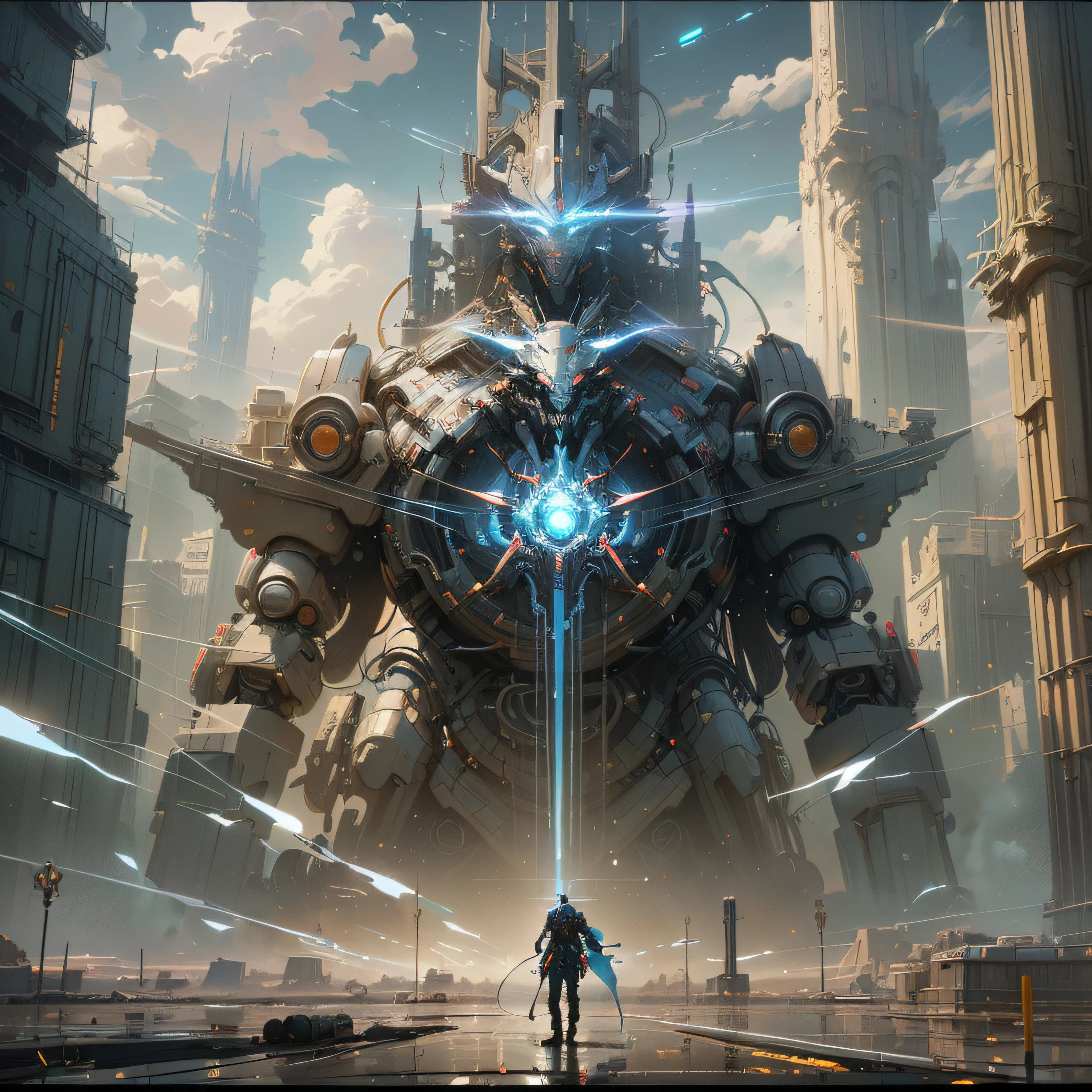 A man standing in front of a giant robot in a city - SeaArt AI