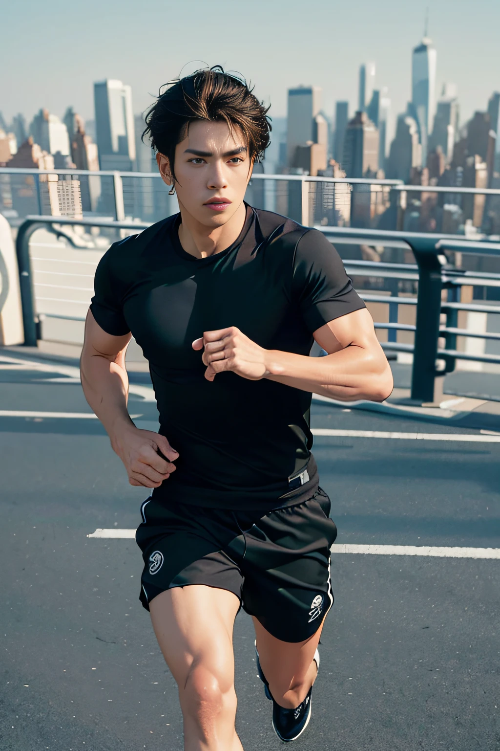Character The man, his figure is fit and athletic, his eyes are focused and determined, reflecting his dedication to fitness. Expression His eyes are intense and forward-looking, short hair, 35 years old Japanese male, reflecting his concentration, and his lips are set in a firm line of determination. Outfit He is dressed in black color running gear, running shorts, and sports shoes, his hair is tousled from the run. Action He is seen jogging up a city manhattan, his stance balanced, his body moving rhythmically with each stride. Foreground (Cityscape of New York:1.33), finely detailed background,beautiful detailed sky,bright sunlight,(strong sunlight:1.21), cinematic lighting, vibrant color,soft lighting,best shadow,shadow casting,