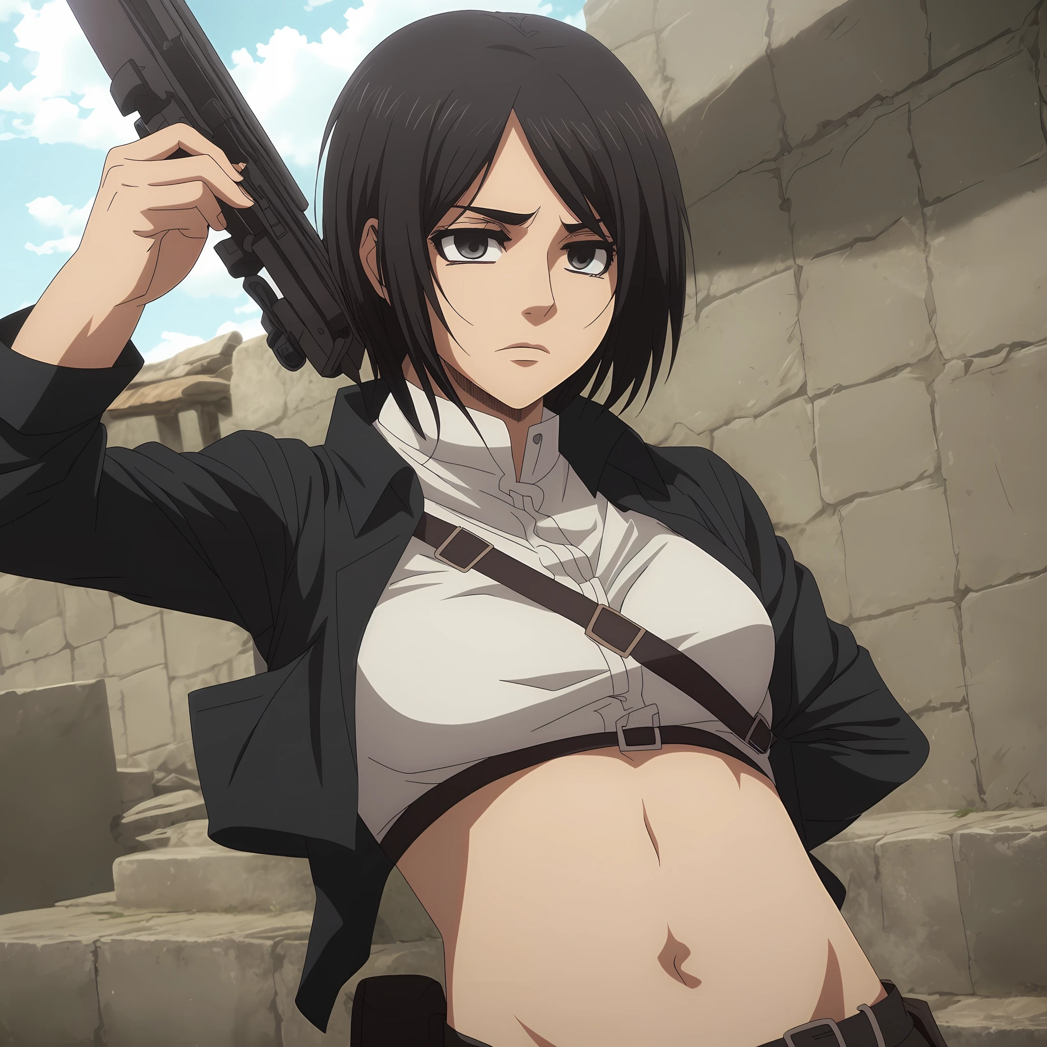 women, Mikasa Ackerman, Attack on Titan style, Official Art of the Shingon monk, corte de short hair, (black hair: 1.3), Mirandote, scowling, sideburns, flequillo negro con black hair en la frente, very short hair, camisa negra ajustada con neck de tortuga, big breasts, tight clothes, toned body, fine face with hunter eyes, High Resolutions, short hair, grey eyes, neck, emblem, beltt, thigh strap, black collar, white pants, long sleeves, holding a gun, sword, outdoor, Asian eyes and nose up, black collar, neck, only, Lips, only, masterpiece, Medium shot, portrait, Highly detailed, Best Quality, 8K quality