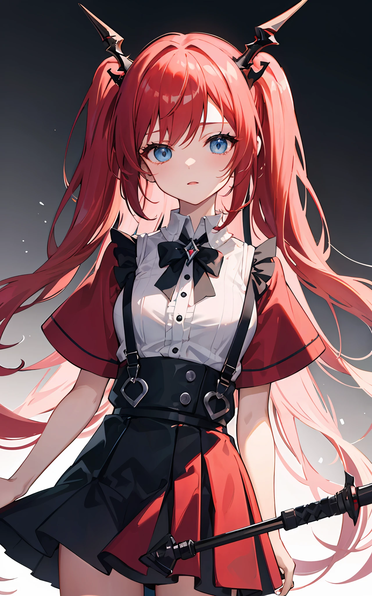 {{best quality}}, {{masterpiece}}, {{ultra-detailed}}, {illustration}, {detailed light}, red hair,blue eyes,twintails,lolita,Suspenders skirt,Fantastic,loli,solo,Dragon horns,little girl,long hair,Arknights