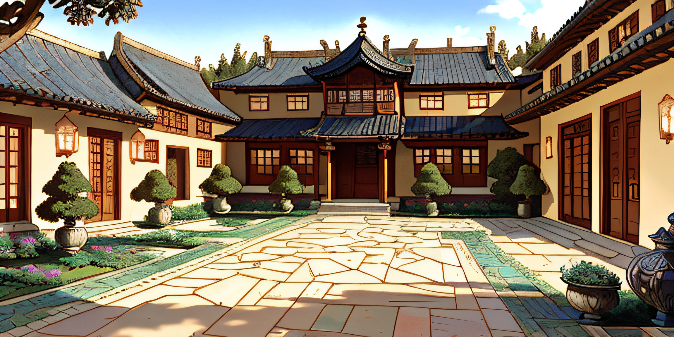 傑作, 最高の品質, 高品質, 非常に詳細な, 中国の中庭の列, 中庭の壁はブルーストーンまたは他の石でできています, そしてスタッフの門は木でできています