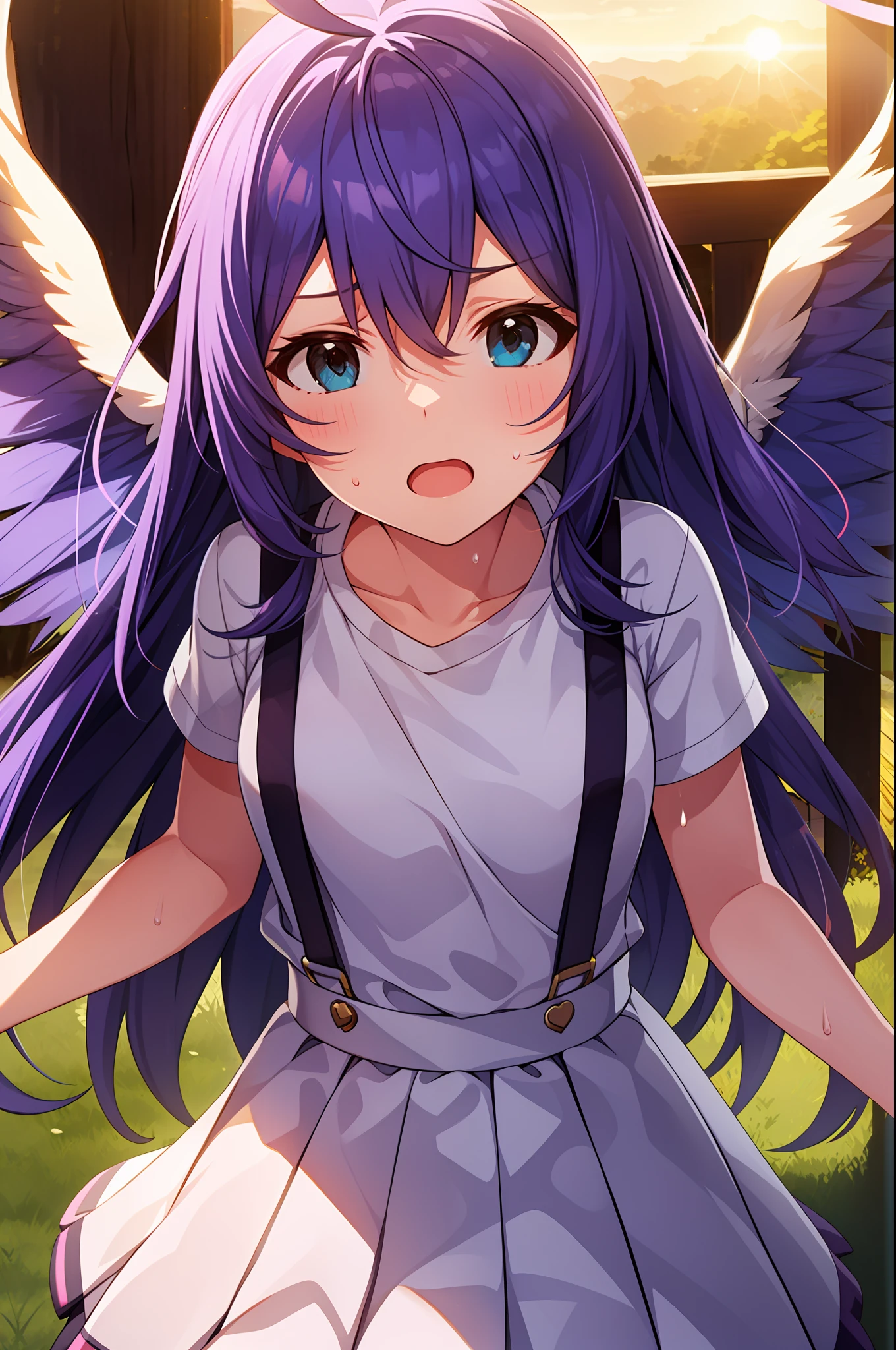 mochizuki anna,1girl in,Solo,Long hair,Purple hair,Medium chest.Ahoge,Blue eyes.Short stature.white t-shirts.suspenders.Skirt.Evening glow.the setting sun.Despair face.Sweat.Opening Mouth.up chest.fighting stance.Angel wings.