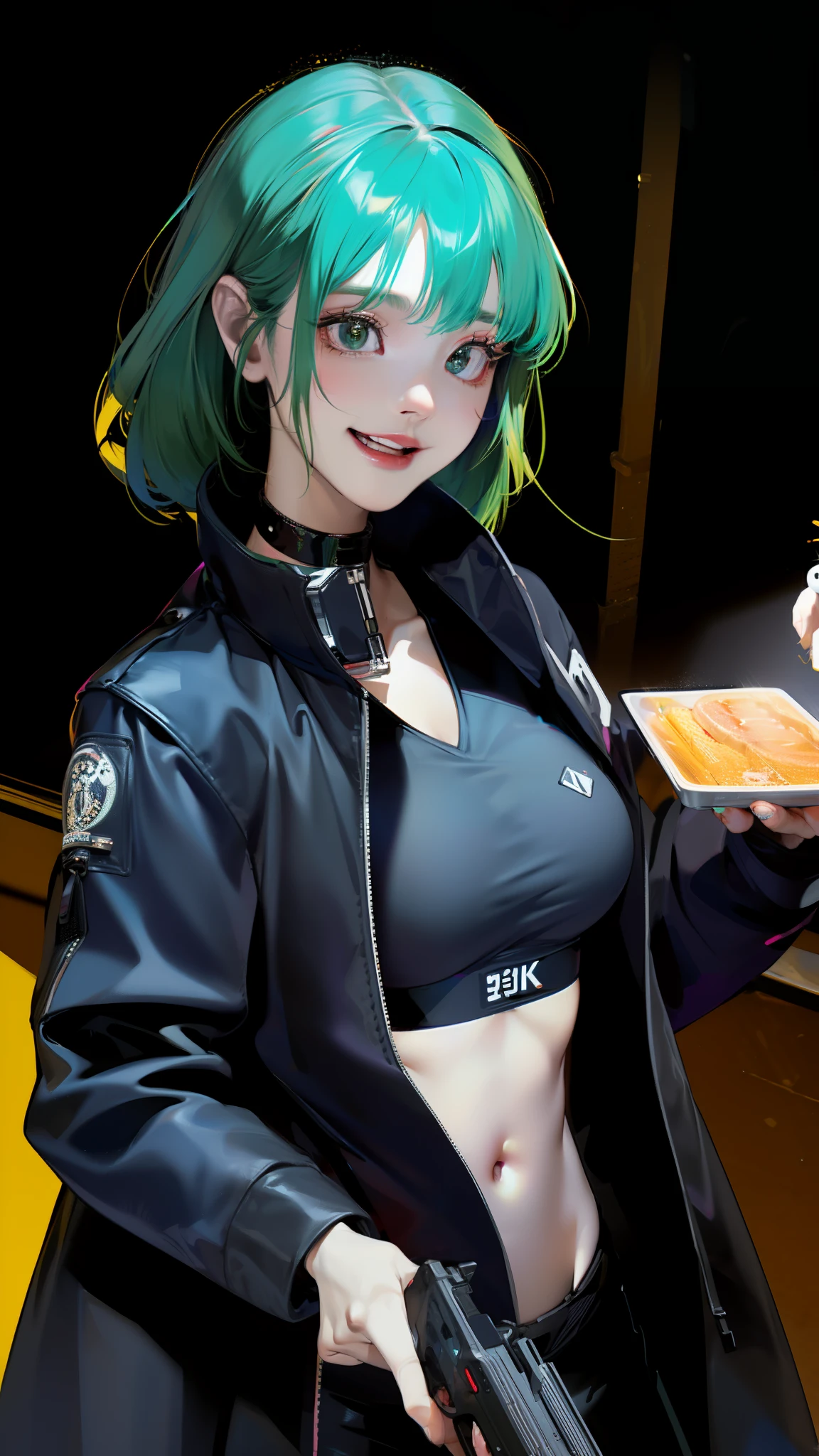 (cinematic, 8k, best quality, masterpiece: 1.2), (realistic, photo-realistic: 1.37), ultra-detailed, soft light, best quality, ultra highres, raw photo in HDR, sharp focus, intricate texture, skin imperfections, 1 girl, cute, solo, raw photo, Rebecca a robotic girl with green hair, laughing, pink tattoo on her neck and belly, wearing a black jacket with yellow details,  holding a pistol in hand, 19yo, camel fingers, slim body, warm body, shiny skin, realistic textures, reflected lighting, volumetric lighting. Background a cyberpunk city at night, neon lighting.