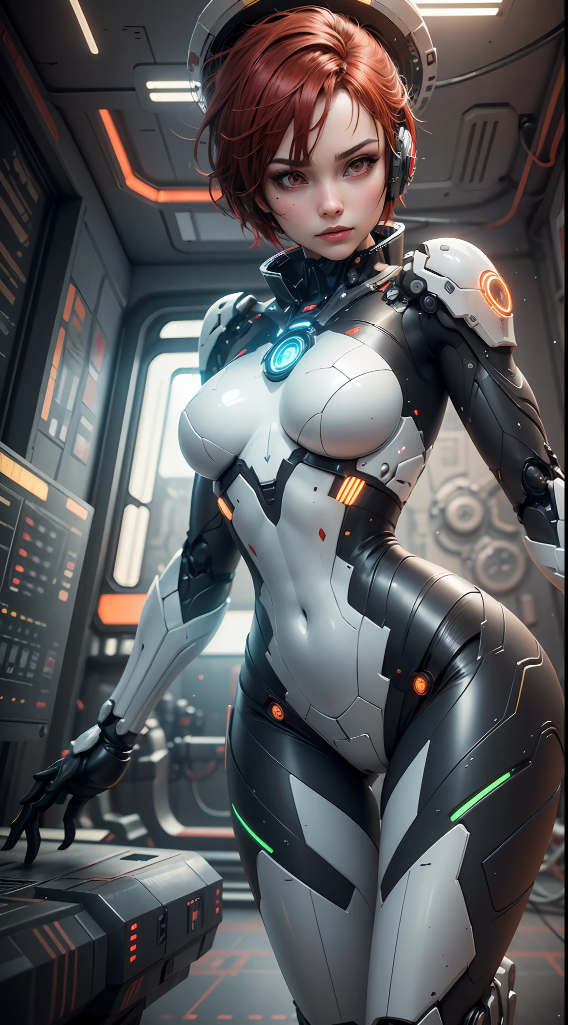 ((Best quality)), ((masterpiece)), (detailed:1.4), 3D, an image of a beautiful cyber female android,HDR (High Dynamic Range),Ray Tracing,NVIDIA RTX,Super-Resolution,Unreal 5,Subsurface scattering,PBR Texturing,Post-processing,Anisotropic Filtering,Depth-of-field,Maximum clarity and sharpness,Multi-layered textures,GG unity, Surface shading,Accurate simulation of light-material interaction,Perfect proportions,Octane Render,Two-tone lighting,Wide aperture,Low ISO,White balance,Rule of thirds,8K RAW, bokeh, medium breast,  body, neon core engine, half mechanical body, mechanical line face, red eyes, beautiful eyes, light eyes, mechanical joint, mechanical arm, human look leg, background inside space ship bridge, red short hair, big parabol antene on head, commanding pose