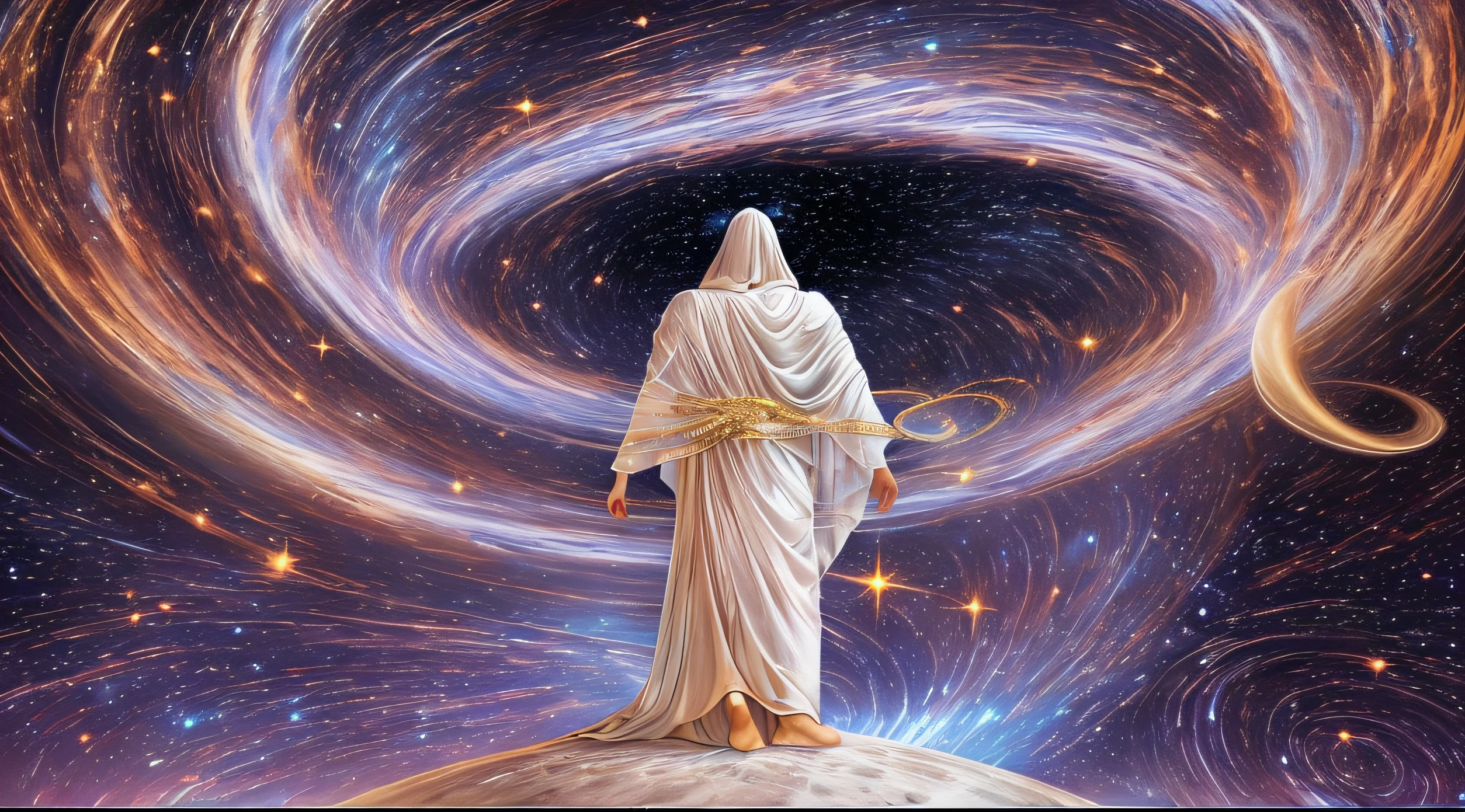 God man gigantic guardian angel of the galaxies, wrapped in a white and gold veil on top of a planet in front of a spiral vortex with a background of galaxies, magical portal in the sky, brilliant magical time portal, highly detailed in 32k, hyper detailed, hyper sharp, hyper realistic, hyper intricate, photorealism style