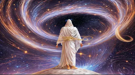 god man gigantic guardian angel of the galaxies, wrapped in a white and gold veil on top of a planet in front of a spiral vortex...