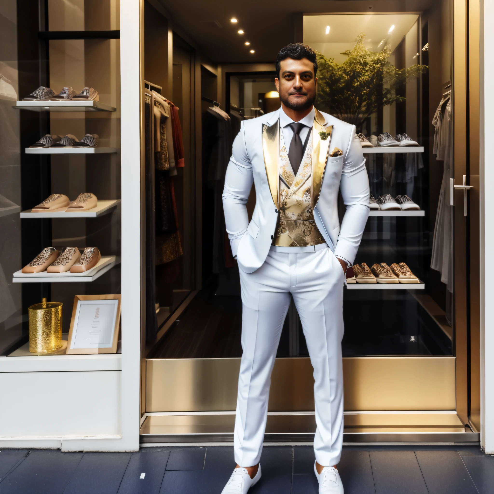 A full-length man leaning against a street window in black business clothing with silver details looking at the front of the store at dusk