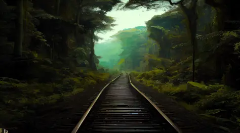 There is a train track that is passing through a forest, em um trilho de trem da floresta da selva, Ferrovia abandonada, selva e...