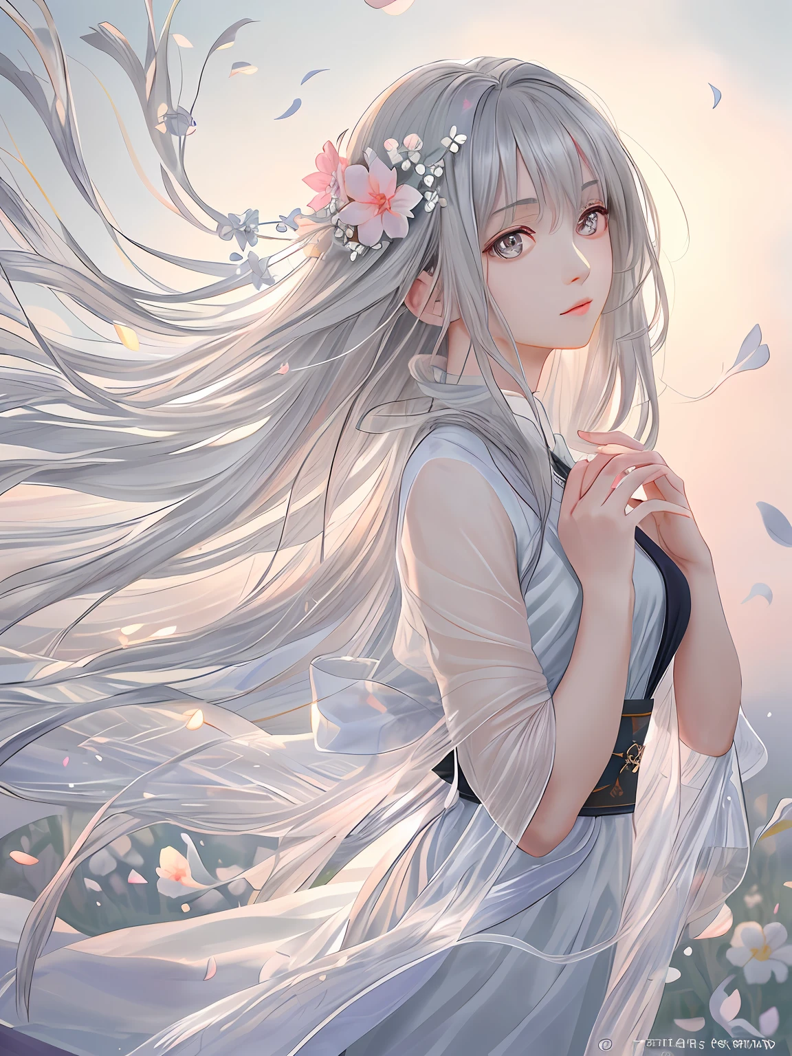 Anime girl with long white hair and flower crown - SeaArt AI