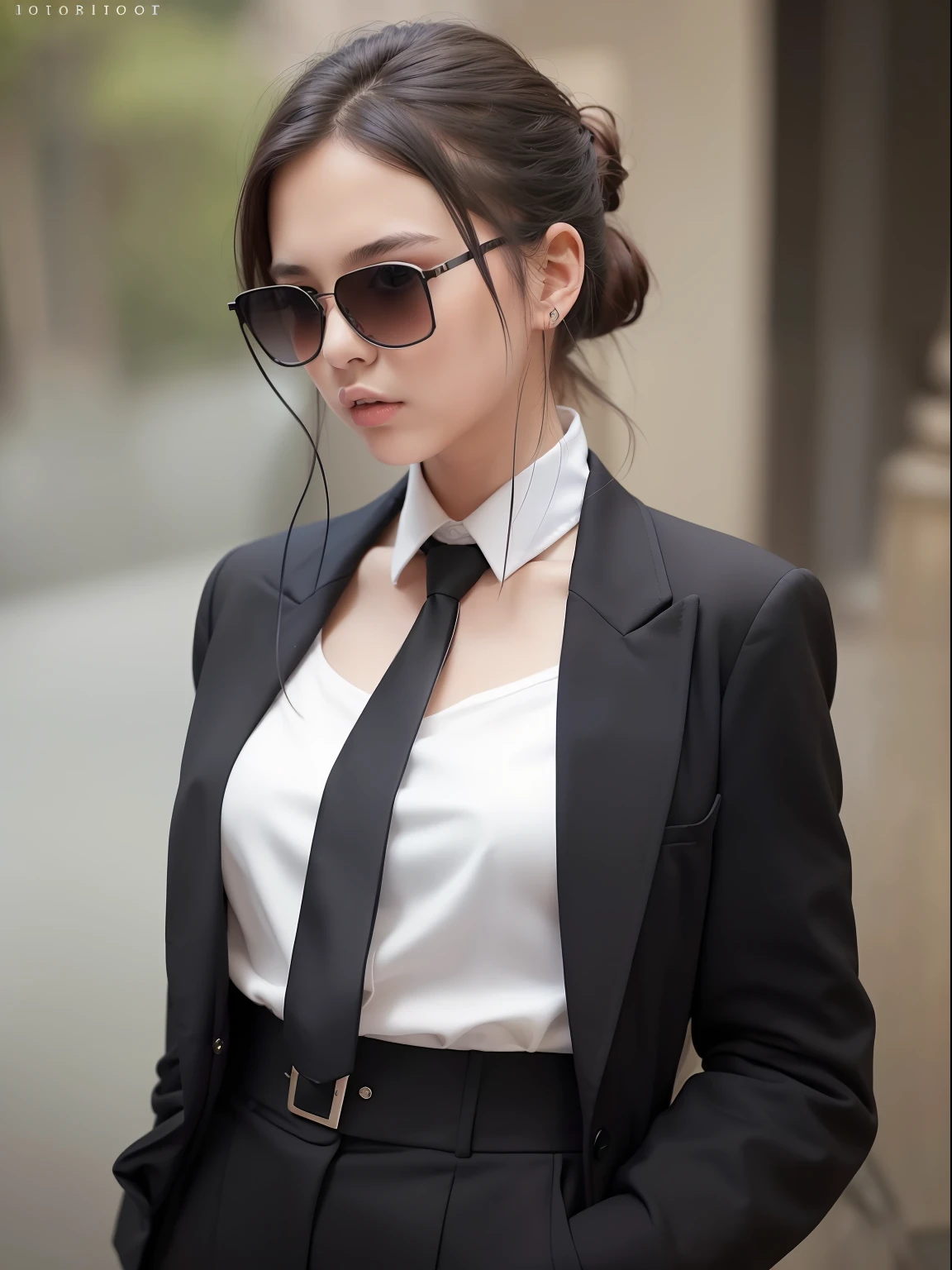 ​masterpiece、RAW color photo, (High resolution:1.2), (photographrealistic:1.4), (Soft Saturation:1.4), (Fair skin:1.2), Detailed background, cute little、A detailed face, Wide Shot,(１girl with)、Black tight pantsuit、Thin black tie、white  shirt、(Black sunglasses)、Stand Cool、Rock Band CD Jacket、shaved sides、Puff on a cigarette