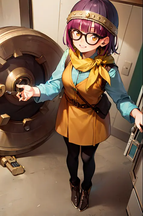lucca, 1girl, solo, purple hair, short hair, helmet, glasses, standing, yellow scarf, vest, smile, machinery, indoors