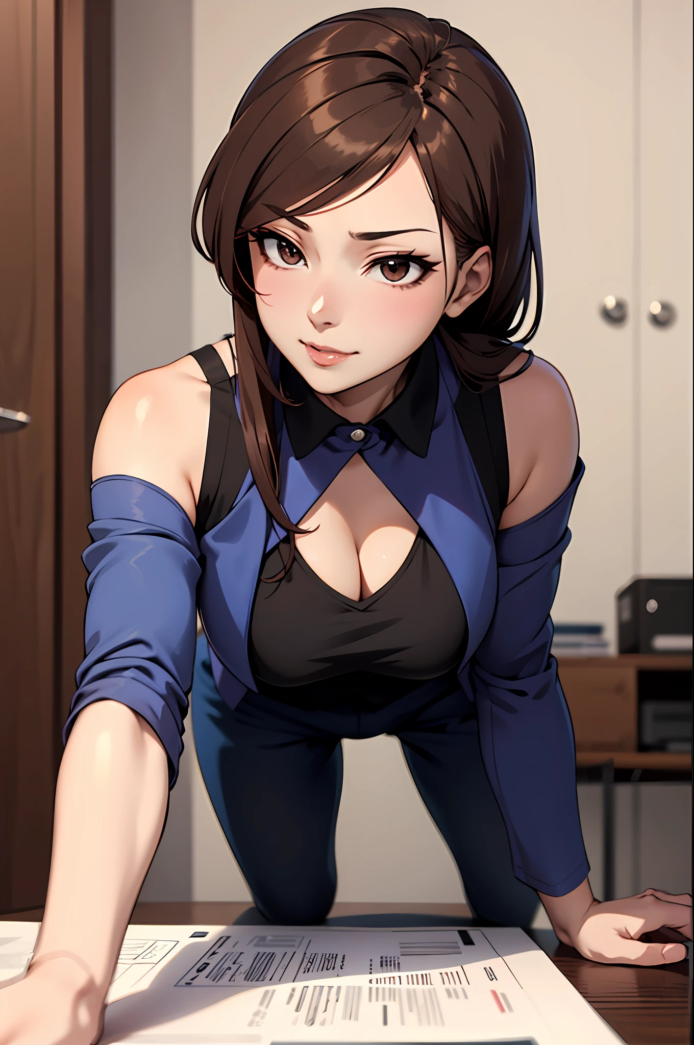 Chica anime con traje azul con top negro y cabello castaño., chica anime seductora, estilo anime ecchi, , hermosa y seductora mujer anime, flexionándose hacia adelante,Kamimei,