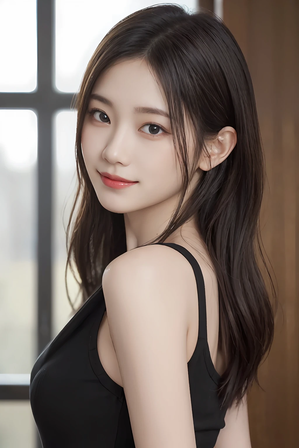 1 female, Close-up of the face、 (Photo Real:1.4), (hyper realisitic:1.4), (realisitic:1.3), (Smooth lighting:1.05), (Improve video lighting quality:0.9), 20 years girl, Realistic lighting, Back lighting, (cheerfulness:1.2), (Improved image quality:1.4), (Finest Real Textured Skins), big eye, Super fine face, A smile, Double eyelids, close up of face, hposing Gravure Idol, glowy skin, selfee, Ray tracing, reflective light, F/1.2, 135 mm, NIKON, nffsw, nffsw, retinas, tre anatomically correct, ccurate, Super Detail, Textured skin, High quality, high details, Best Quality, hight resolution, 1080p, hard disk,Beautiful collarbone