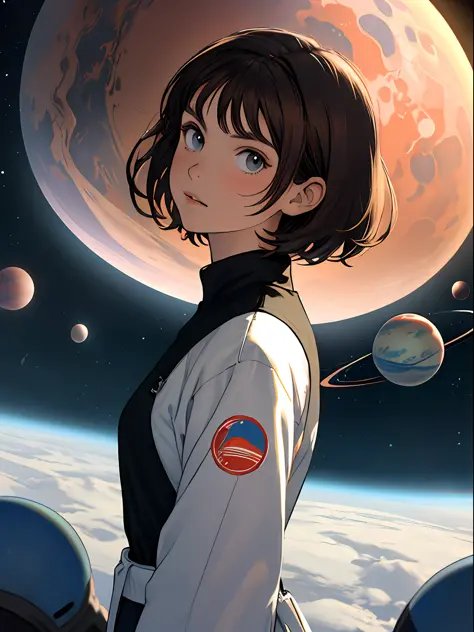 (detailed image) young brunette with very short hair looking at the planets