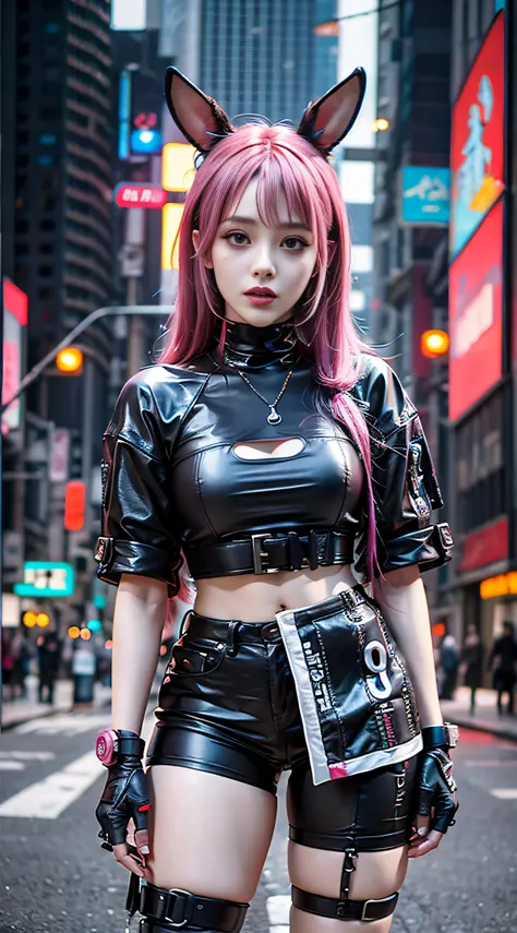 anime girl in bunny ears posing in a city street, muted cyberpunk style, cyberpunk streetwear, female cyberpunk anime girl, cybe...