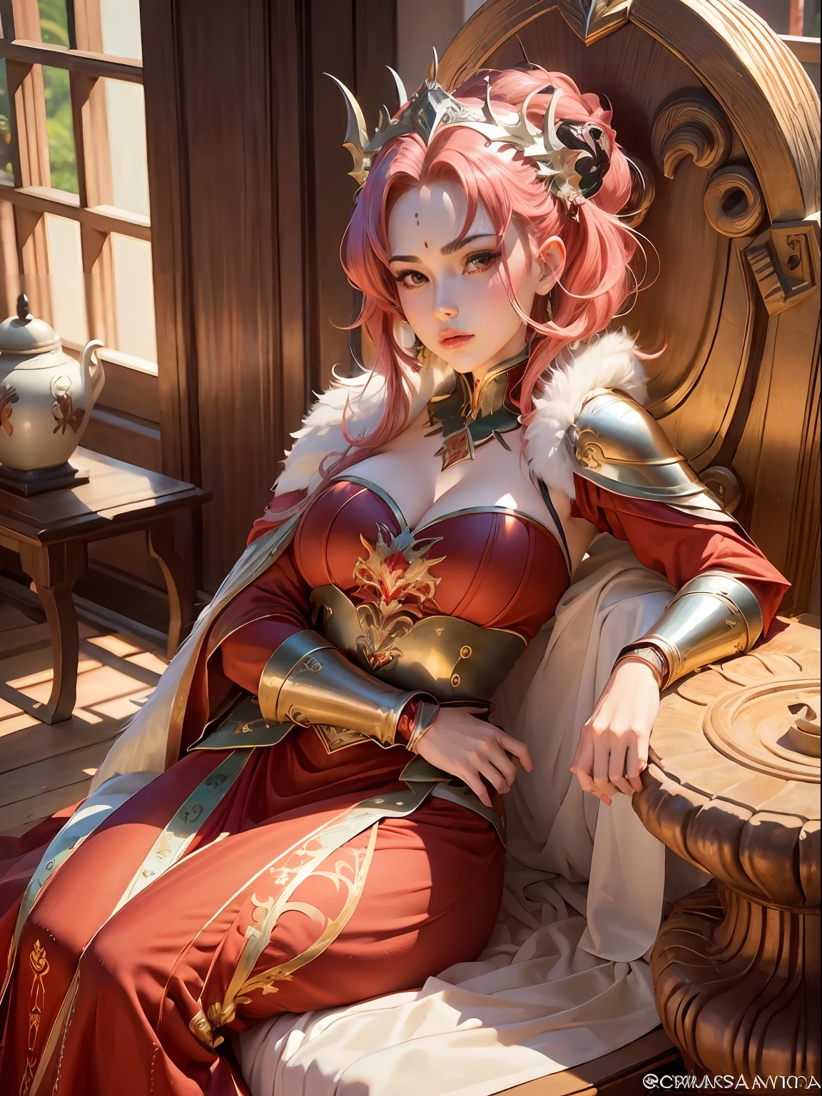 une femme guerrière sexy aux cheveux rouges, assis sur un trône recouvert de fourrure, visage rouge, style animé, à moitié nue, pose sexy, jambe ouverte, allongé, (Se propager