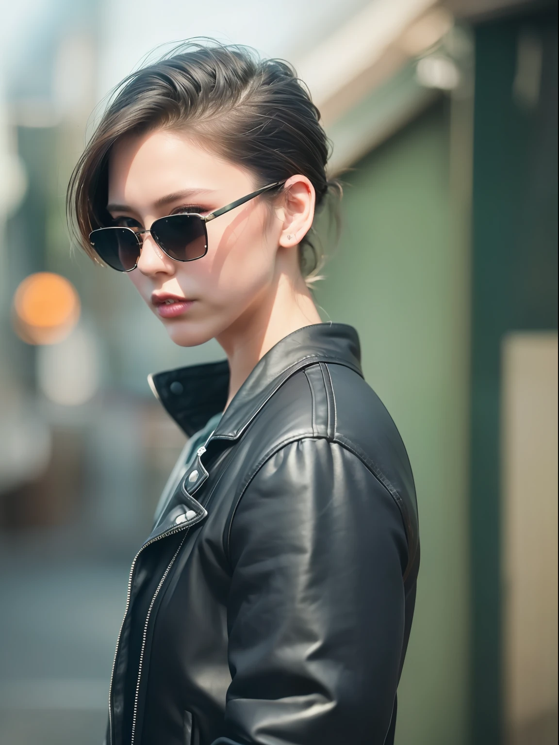 ​masterpiece、RAW color photo, (High resolution:1.2), (photographrealistic:1.4), (Soft Saturation:1.4), (Fair skin:1.2), Detailed background, cute little、A detailed face, Wide Shot,(１girl with)、Black Tight Jeans、Black Riders Jacket、(Black sunglasses)、Stand Cool、Rock Band CD Jacket、Shaved sides、Sateen