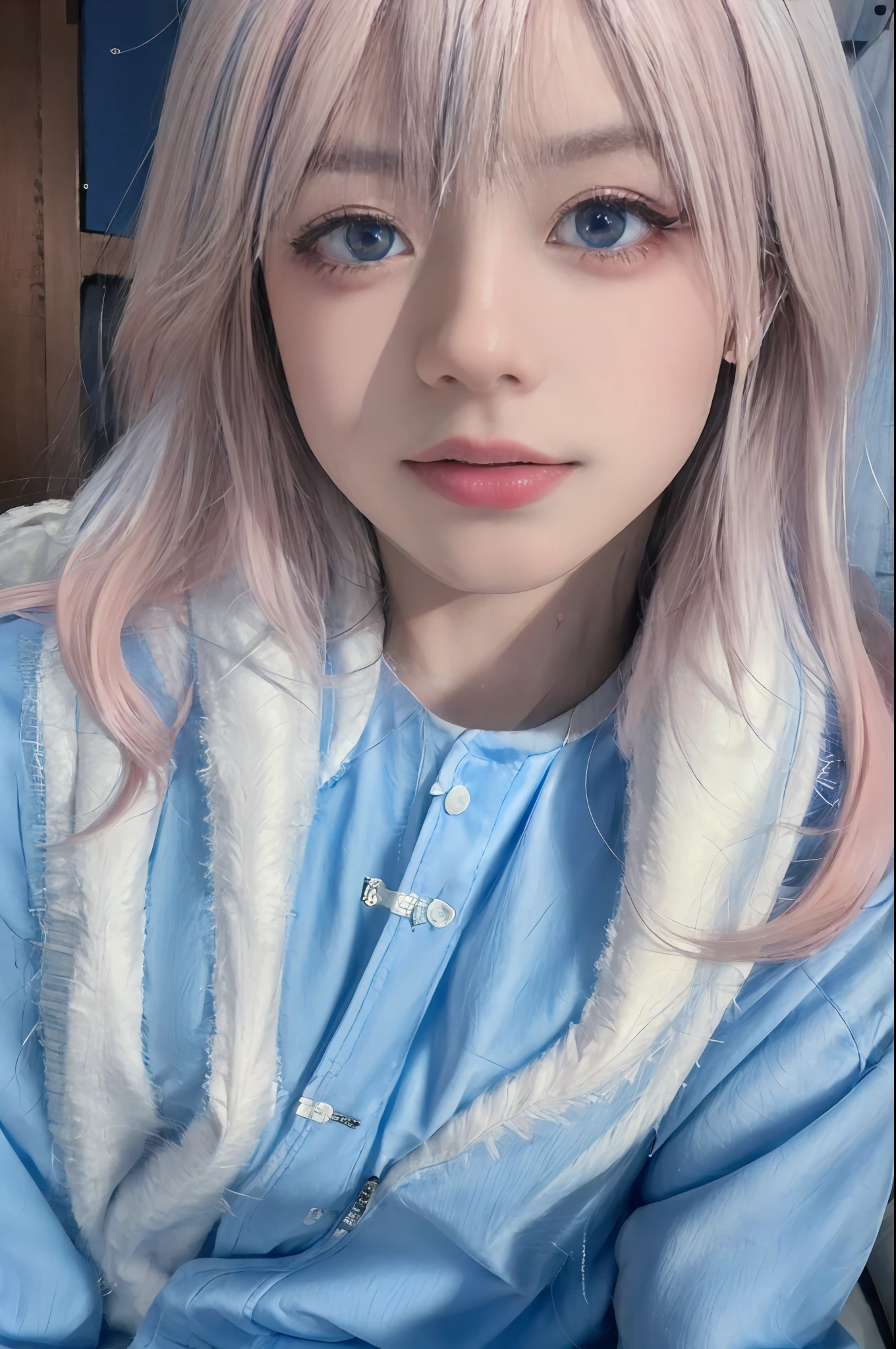 (masterpiece), (high quality), (8k resolution), (RAW photo), (best quality), (masterpiece:1.5), (realistic:1.5), ((photo realistic)), vibrant details, hyper realistic,1girl, (cute:1.2), beautiful, high-quality and detailed face, perfect face, (white hair And light pink hair:1.4), rosy cheeks, detailed eyes, (blue eyes),colorful eyes,(watery eyes),nsfw,, slender body, looking at viewer, closed mouth, real human skin, shiny skin, mid breasts, ((school uniform)), sitting, bed,