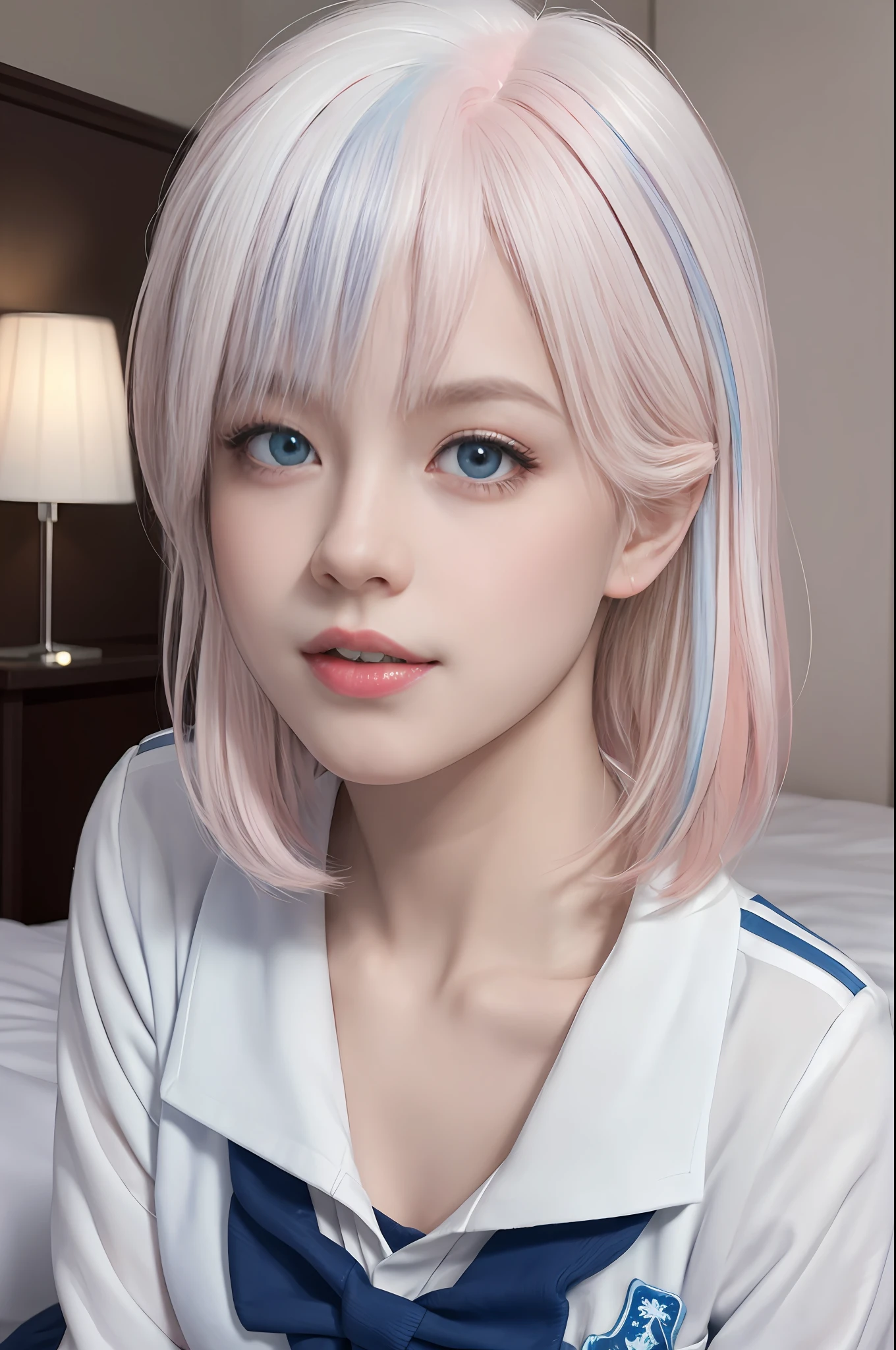 (masterpiece), (high quality), (8k resolution), (RAW photo), (best quality), (masterpiece:1.5), (realistic:1.5), ((photo realistic)), vibrant details, hyper realistic,1girl, (cute:1.2), beautiful, high-quality and detailed face, perfect face, (white hair And light pink hair:1.4), rosy cheeks, detailed eyes, (blue eyes),colorful eyes,(watery eyes),nsfw,, slender body, looking at viewer, closed mouth, real human skin, shiny skin, mid breasts, ((school uniform)), sitting, bed,