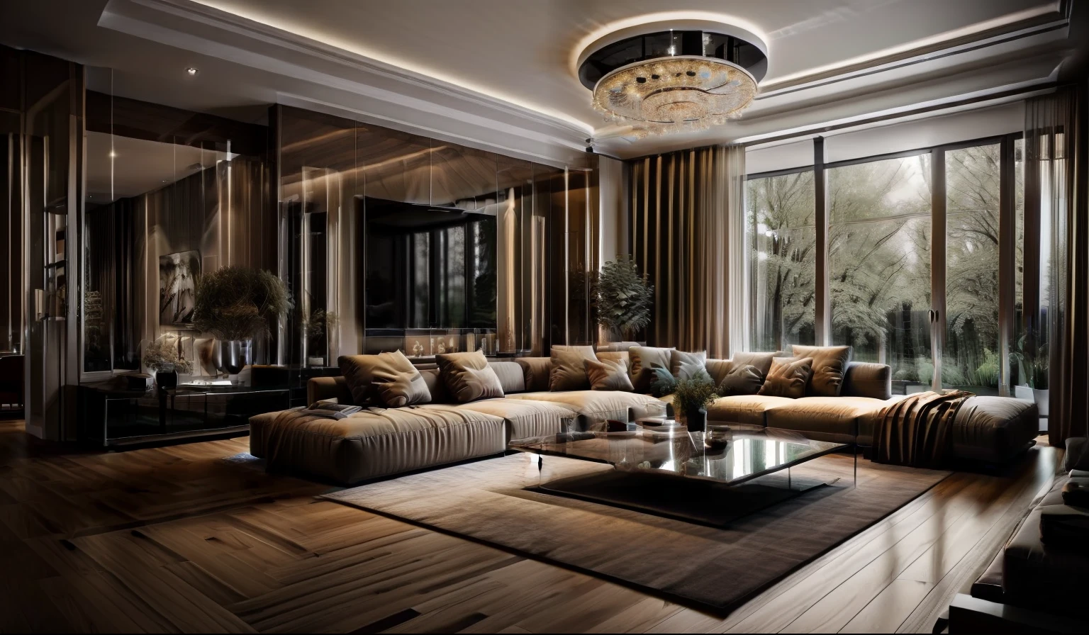 ((Лучшее качество, 8К, шедевр :1.3)) (минималистичный дизайн гостиной: 1.3)  Минималистская мебель , диван , штукатурка потолка , глянцевый мраморный пол , чернила искусство , настенная панель