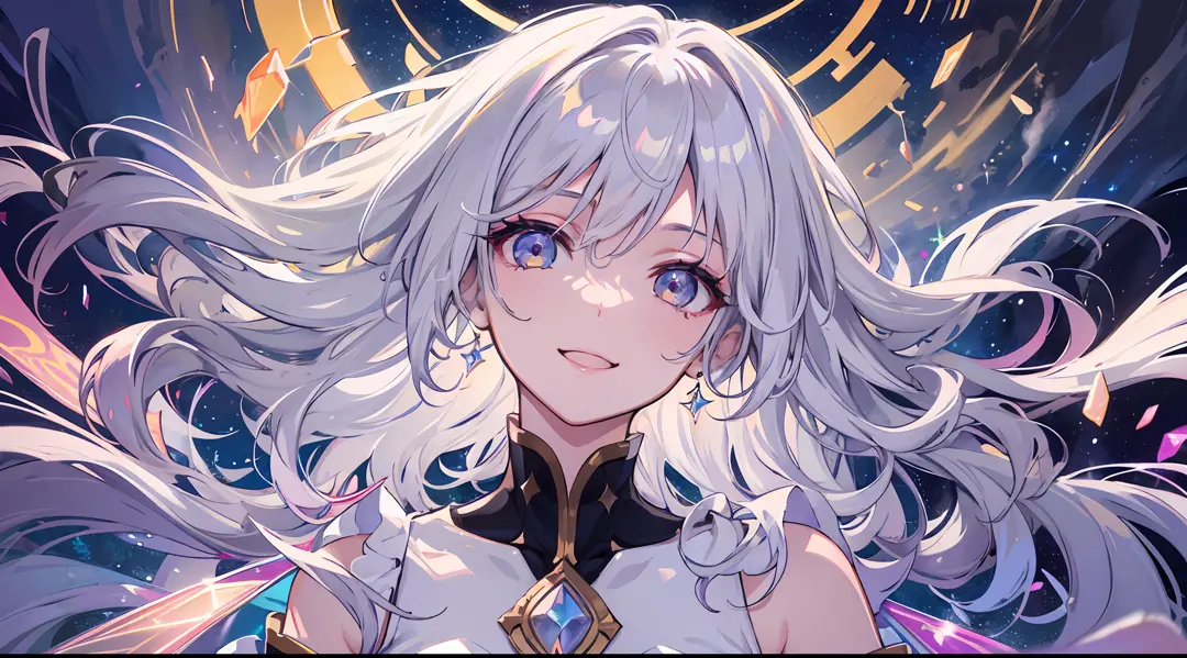 1girl, beautiful eye, smile, rainbow prism effect, white, radiant happiness, loose flowing white hair, gem-like sparkling eyes, elegant dress, reflective details catching prism lights, looking up towards the stars, starry sky, circular meteor streaks,