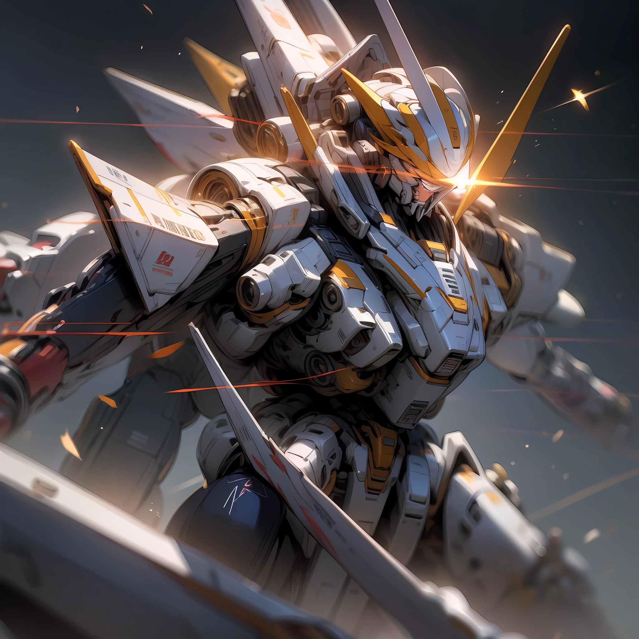 （（tmasterpiece，Better quality）），illustratio，Ultra-detailed 8K，Photorealsitic，tack sharp focus，The is very detailed，Professional lighting，Orange-white-black mech，Hong Kong background，Large mechanical robot structure，Up，The sheen，Complicated details，Fly in the air