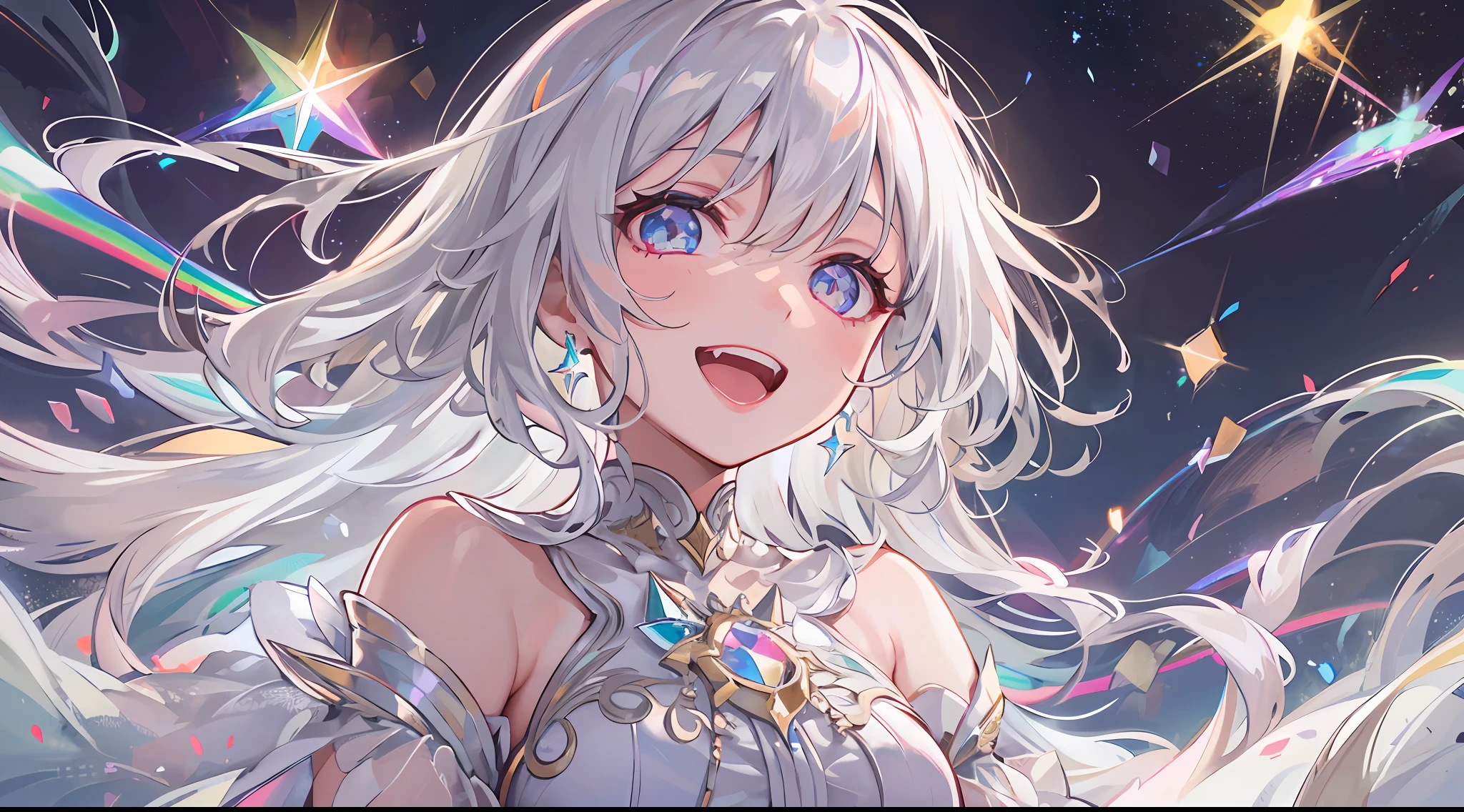 1girl, beautiful eye, smile, rainbow prism effect, white, radiant happiness, loose flowing white hair, gem-like sparkling eyes, elegant dress, reflective details catching prism lights, looking up towards the stars, starry sky, circular meteor streaks,