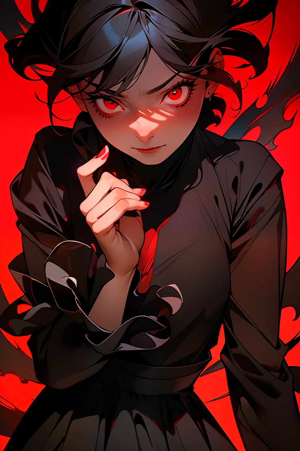 Best quality)), ((masterpiece)), (detailed: 1.4), black dress, dark black hair, black hime cut hair, glowing red eyes, dark background, dark environment, scary, junji ito, juni ito inspired, japanese horror inspired, hands up, fingers spread, grabbing at facer, fingers grabbing at face