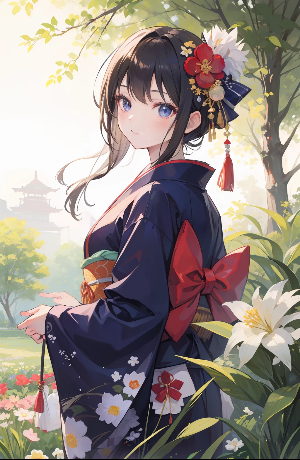 best quality, intricate details, 1girl, subaru_kimono, japanese clothes,hair bow, hair flower,garden,outdoor,(east asian architecture:0.6),backlighting,diffuse lighting,smile