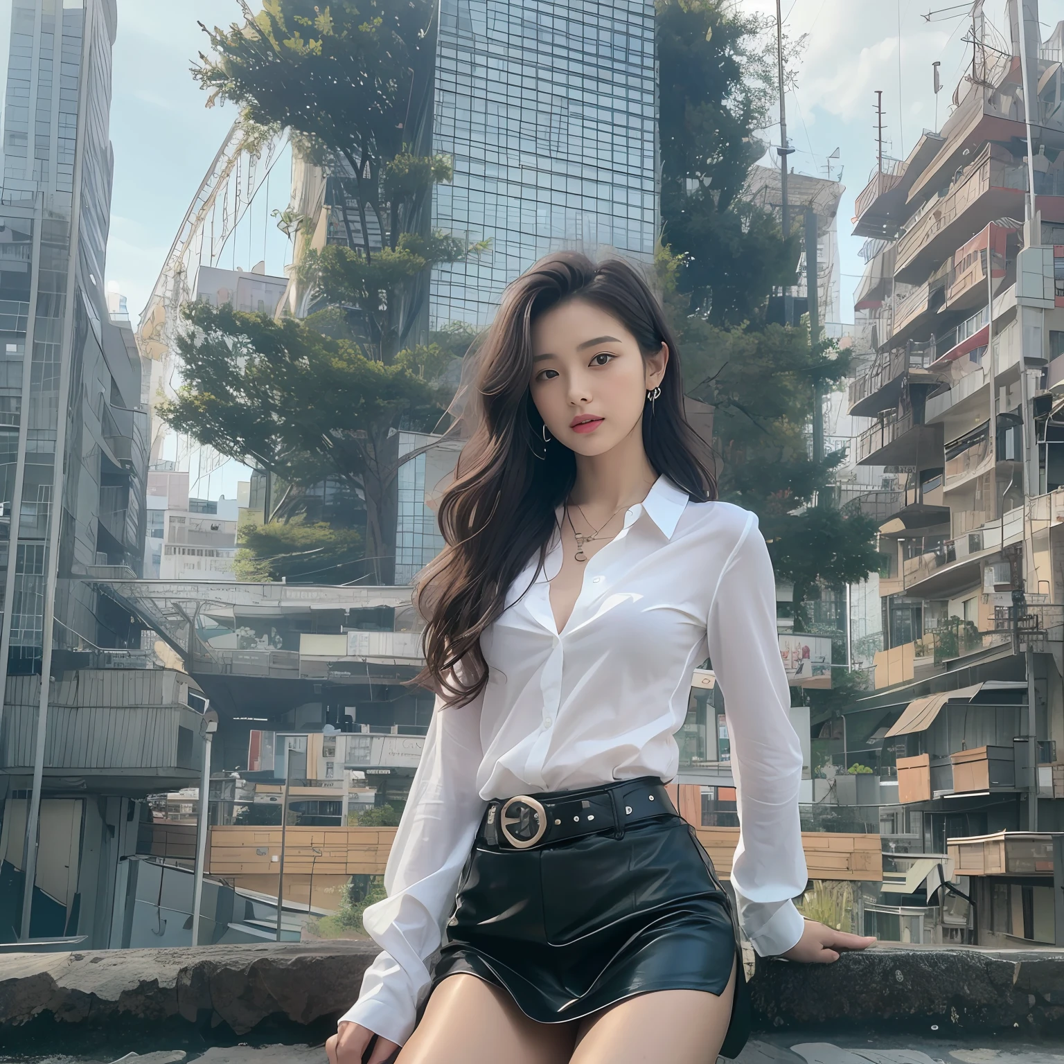 (top-quality、hight resolution、​masterpiece:1.3)、Tall and cute woman、Slender Abs、Dark brown hair styled in loose waves、breastsout、Wearing a pendant、White button-up shirt、a belt、Black leather tight skirt、(Modern architecture in background)、Details exquisitely rendered in the face and skin texture、A detailed eye、double eyelid