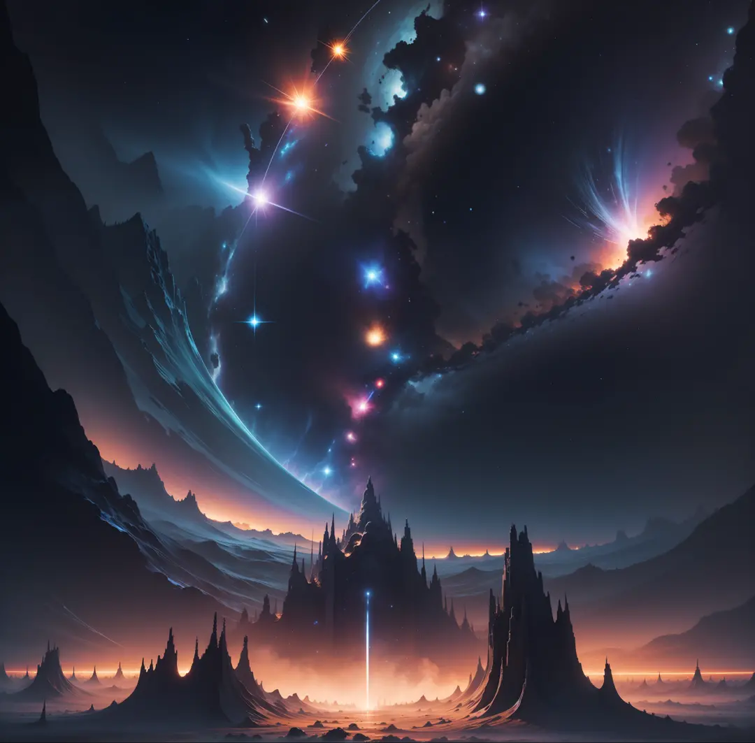 Anthills on the Tadis dimension, Observe the infinite length of the universe, Endless galaxies, Dangerous black holes, Exploding supernova, Floating stars, Endless stairs, starry Nebula, Disturbing, Cinematic atmosphere, Negative dark mode, ...