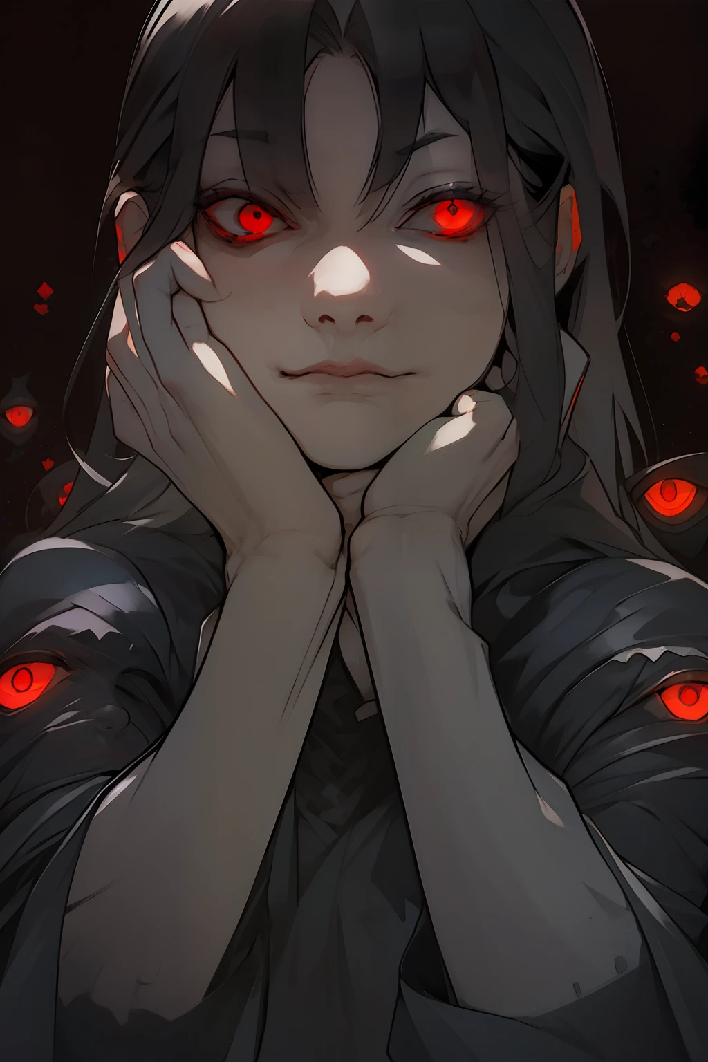 Best quality)), ((masterpiece)), (detailed: 1.4), black dress, dark black hair, black hime cut hair, glowing red eyes, dark background, dark environment, scary, junji ito, juni ito inspired, japanese horror inspired, hands up, fingers spread, grabbing at facer, fingers grabbing at face