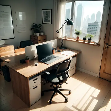 Minimalist office，Scenes with great realism，The office has a desk，There was a laptop on the table，There is an office chair next to it，The office chair is facing the computer，The computer is on the left，The chair is on the right --auto
