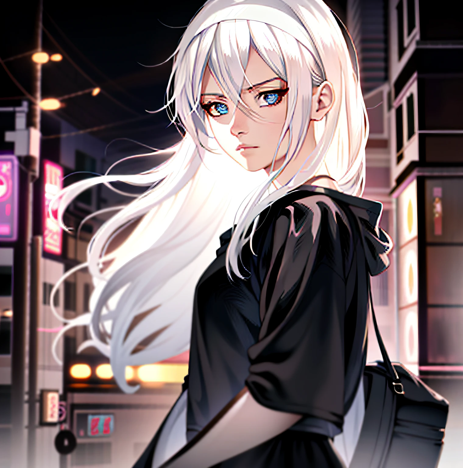 Blue-eyed anime girl walking down the street at night, style of anime4 K, Perfect white haired girl, realistic anime artstyle, Girl with white hair, anime styled digital art, portrait anime girl, Anime art wallpaper 8 K, Digital anime illustration, Digital anime art, Realistic anime art style, Anime style. 8K, anime realism style, Realistic young anime girl