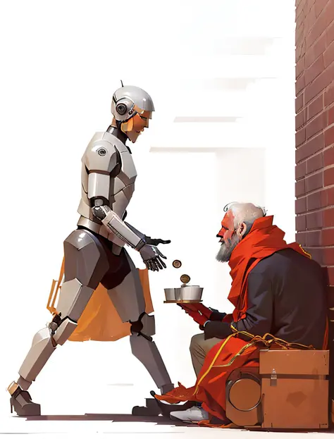 robot giving coins to old man sitting on the floor