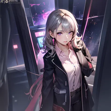 anime girl with long hair and purple eyes standing on neon background, portrait anime space cadet girl, girls frontline universe...